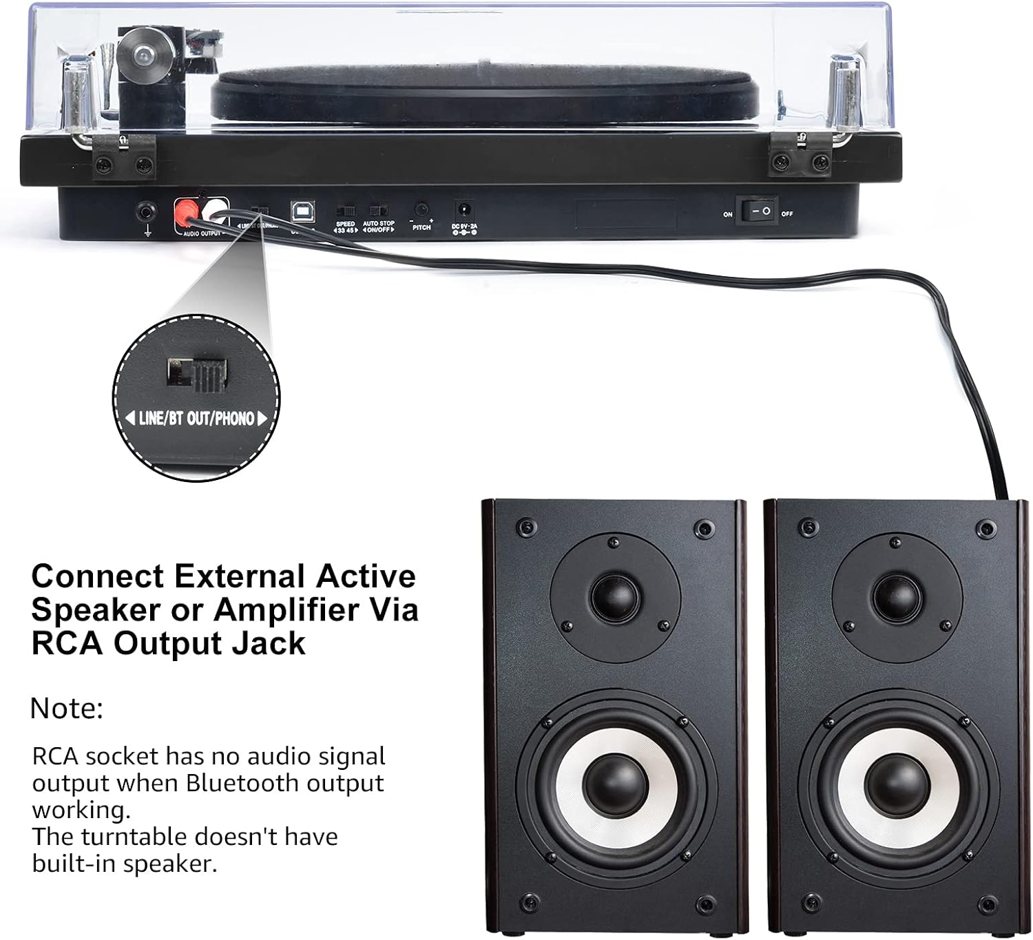 Udreamer Turntable connected to external speakers via RCA output jacks