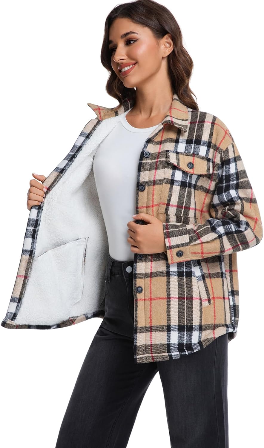 Women's Sherpa Fleece Lined Flannel Shirt Jacket Plaid Button Down Jacket Shacket for Women - Image 2