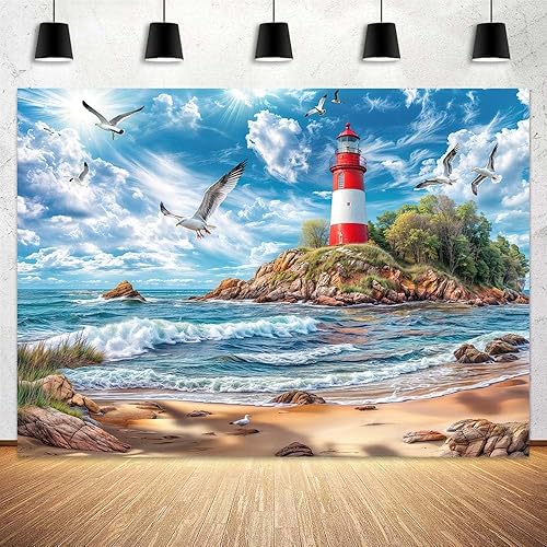7x5ft Beach Lighthouse Nautical Backdrop, Hawaiian Tropical Sunset Seascape Scen
