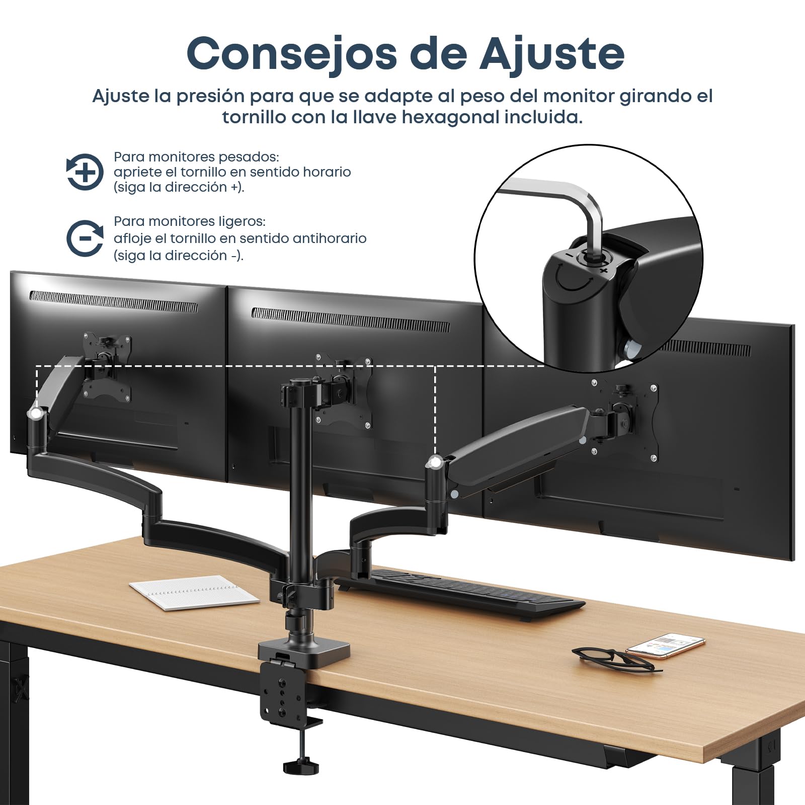 WORLDLIFT Soporte de Escritorio para 3 Monitor de Las Pantallas de TV, LCD y computadora de 17”-27”, Triple Brazo de Monitor Capacidad de Carga es 7 kg