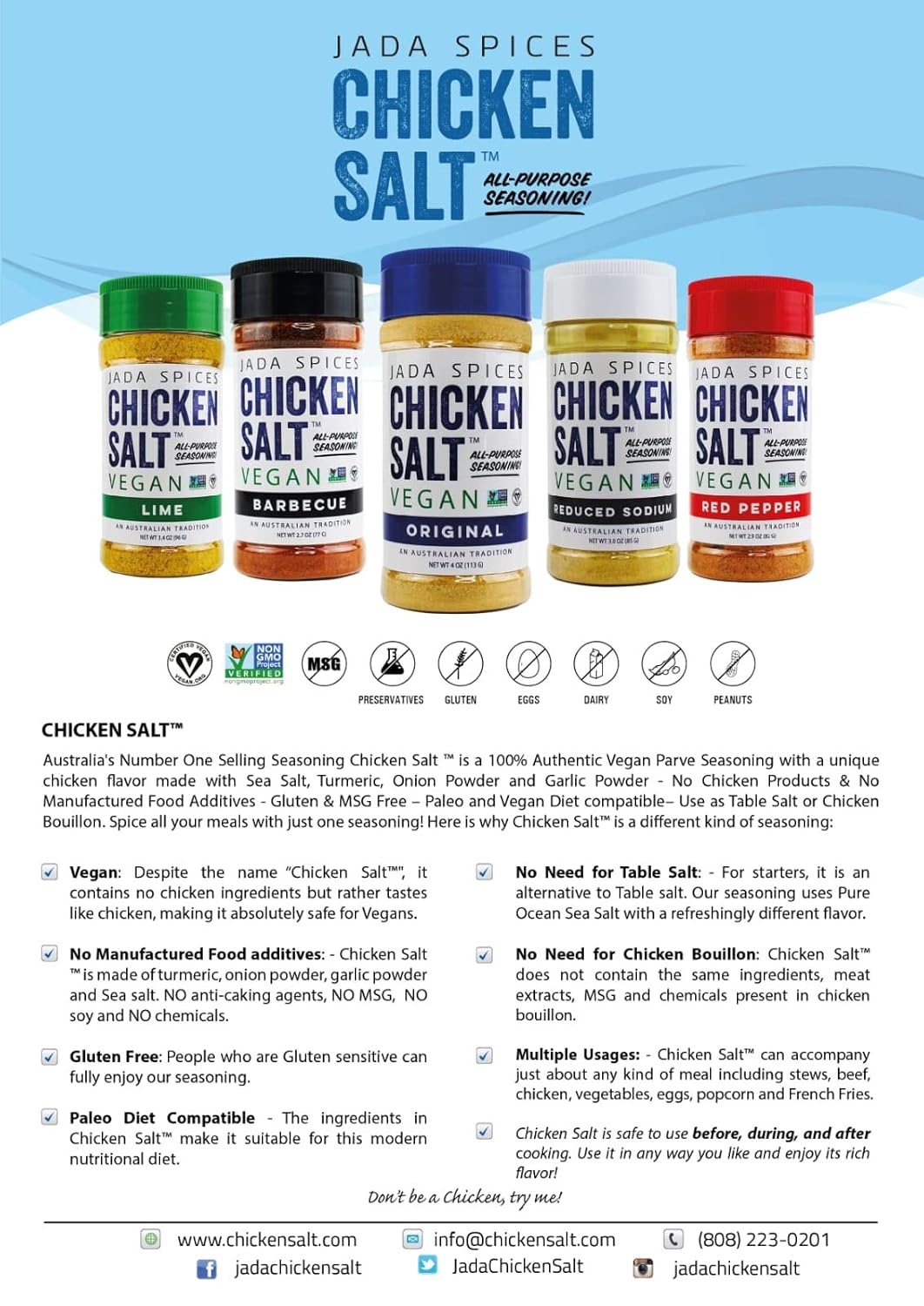 JADA Spices Chicken Salt Spice and Seasoning - Original, Lime, Red Pepper - Vegan, Keto & Paleo Friendly - Perfect for Cooking, BBQ, Grilling, Rubs, Popcorn and more - Preservative & Additive Free