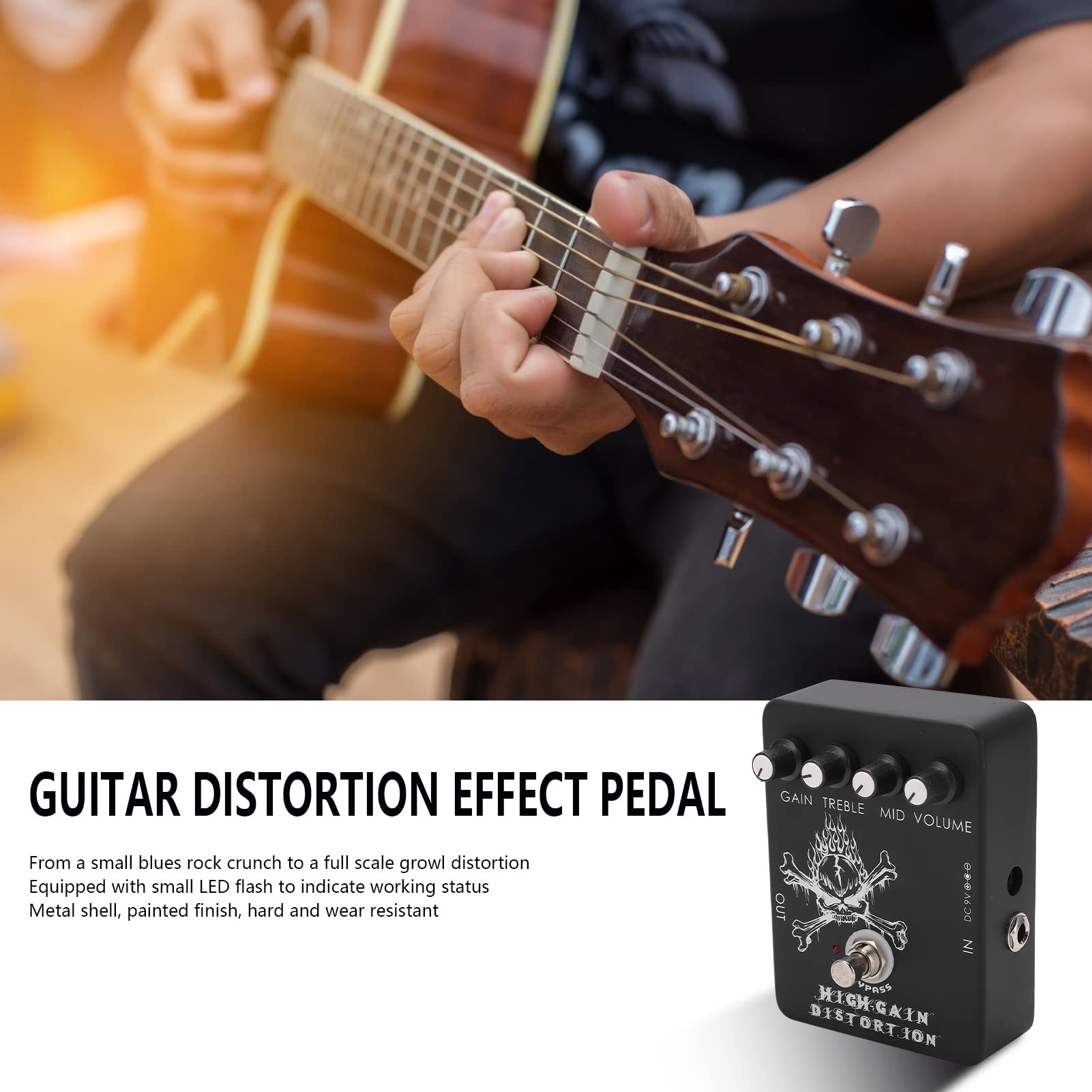 CHICIRIS Pedał Gitarowy Distortion, pedał Efektów Gitarowych o Wysokim Wzmocnieniu zniekształceń z funkcją True Bypass i diodą LED dla Muzyków Kontrolujących Brzmienie