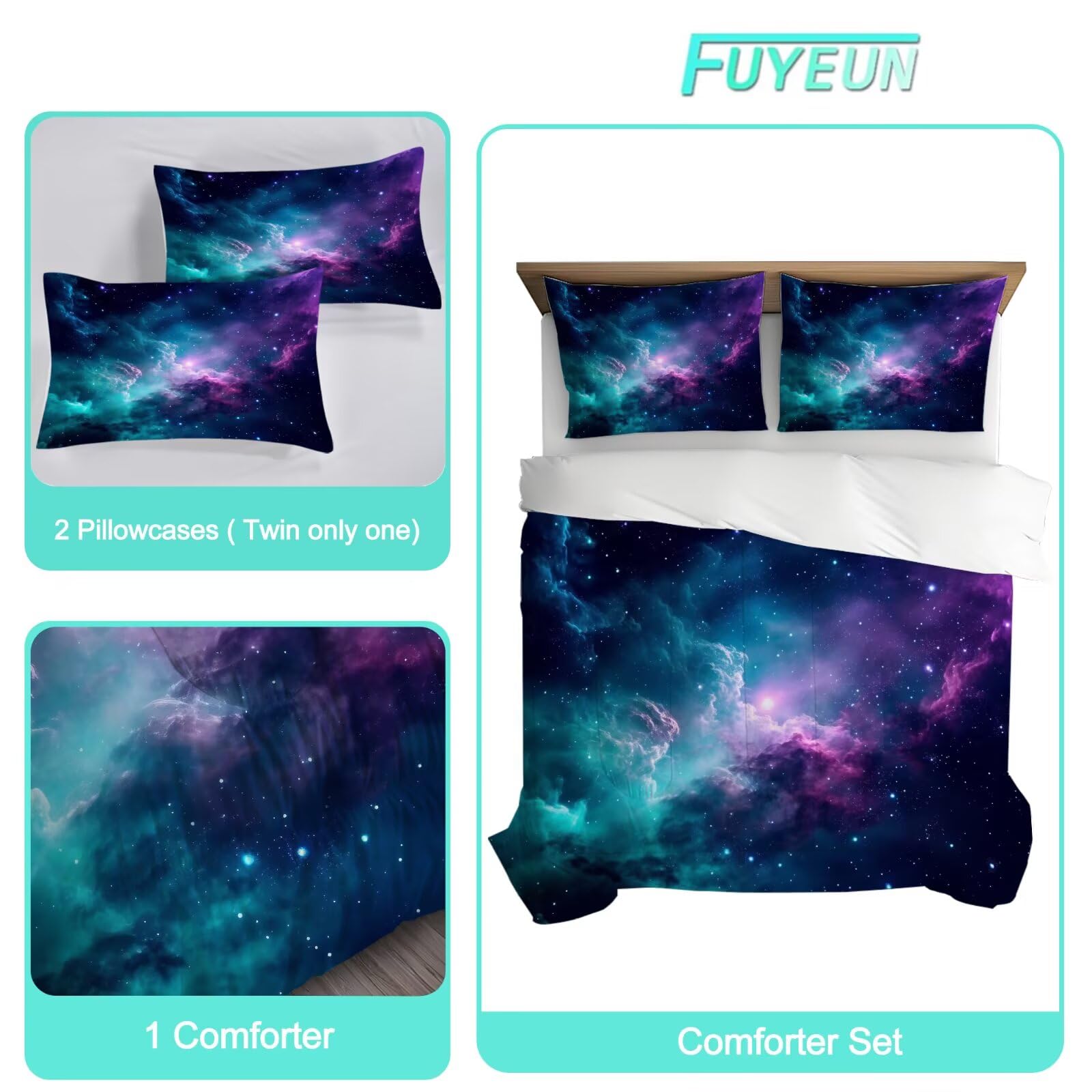 FUYEUN Blue Galaxy Comforter Set Twin Size Space Bedding for Kids Girls Teen Bedroom Decor Moon Cloud Starry Sky Glitter Star Quilt Bed Sets, 1 Comforter 1 Pillowcase