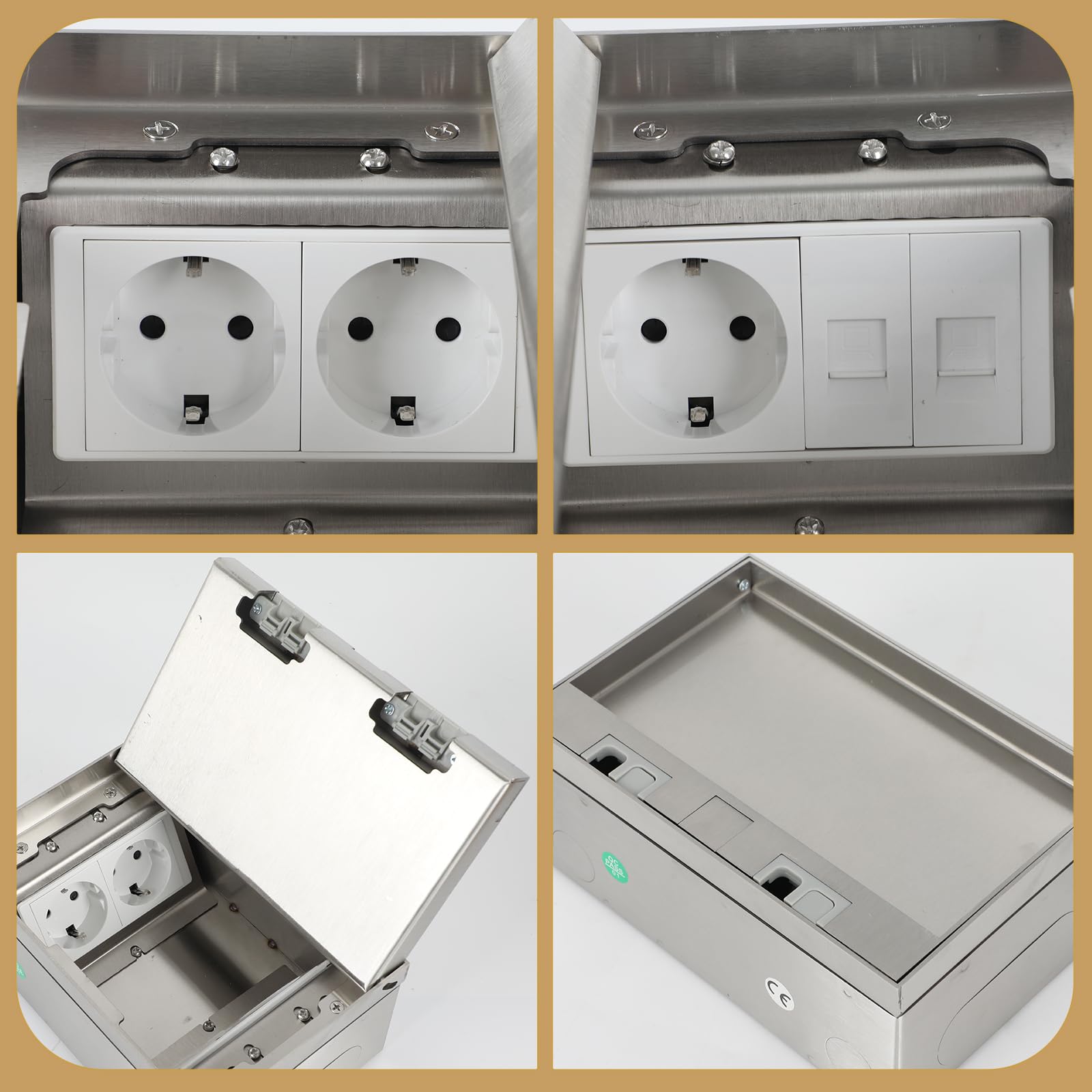 Presa da terra invisibile a scomparsa, in acciaio inox, presa a scomparsa, scatola da incasso, standard europeo, prese da pavimento per prese (3 prese Schuko + 2 CAT6)