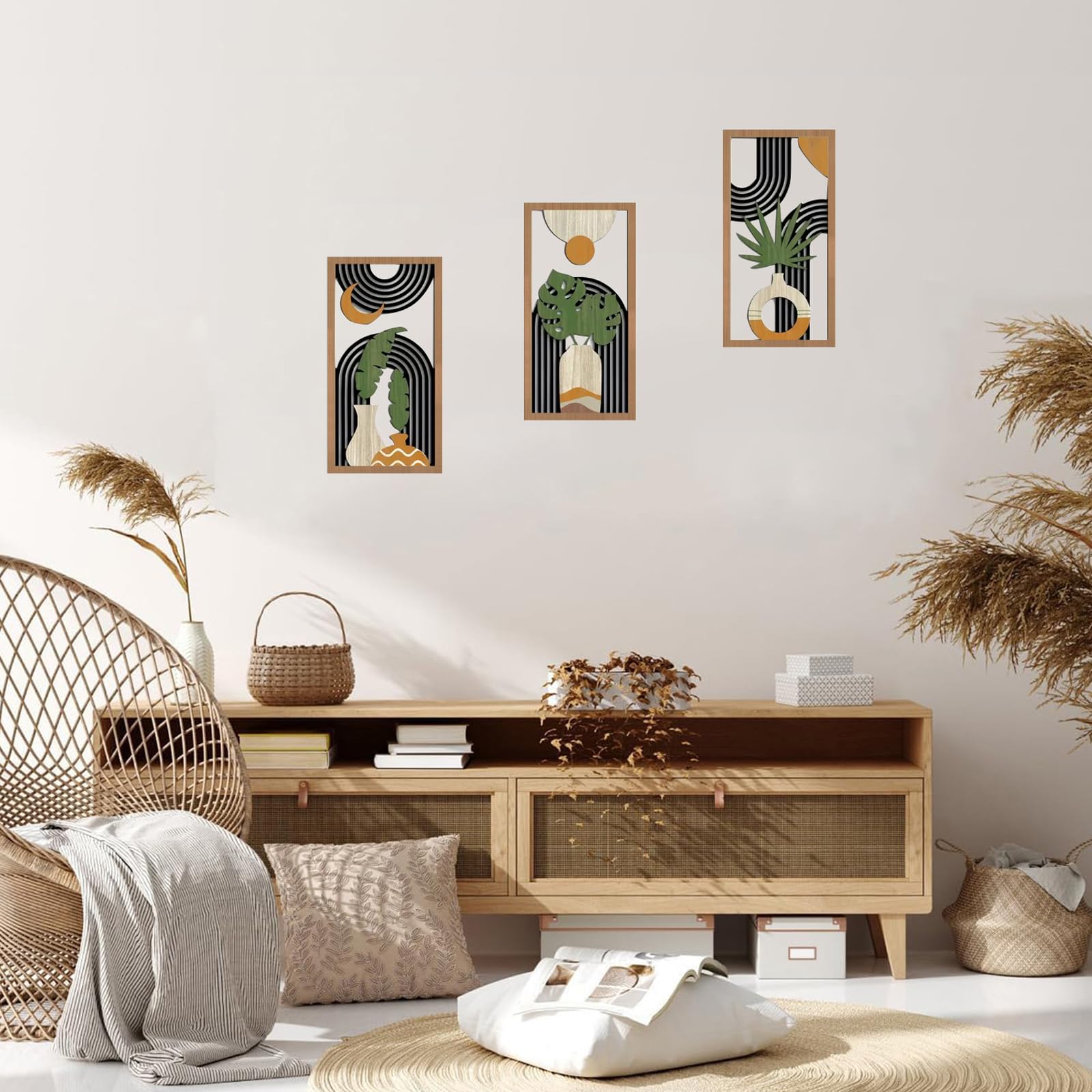 Yixuan 3 Pièces Sculptures Murales Décoratives en Bois Léger, Décor Boho Chic avec Motifs Feuille de Palmier et Formes Géométriques, Art Mural Abstrait Moderne pour Salon, Chambre, Entrée ou Bureau - 5