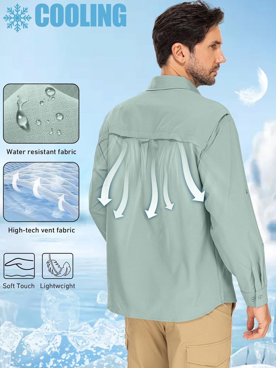 linlon Mens Safari Shirts Long Sleeve UV Protection Hiking Fishing UPF 50+ Quick Dry Cooling Camping Travel Shirts
