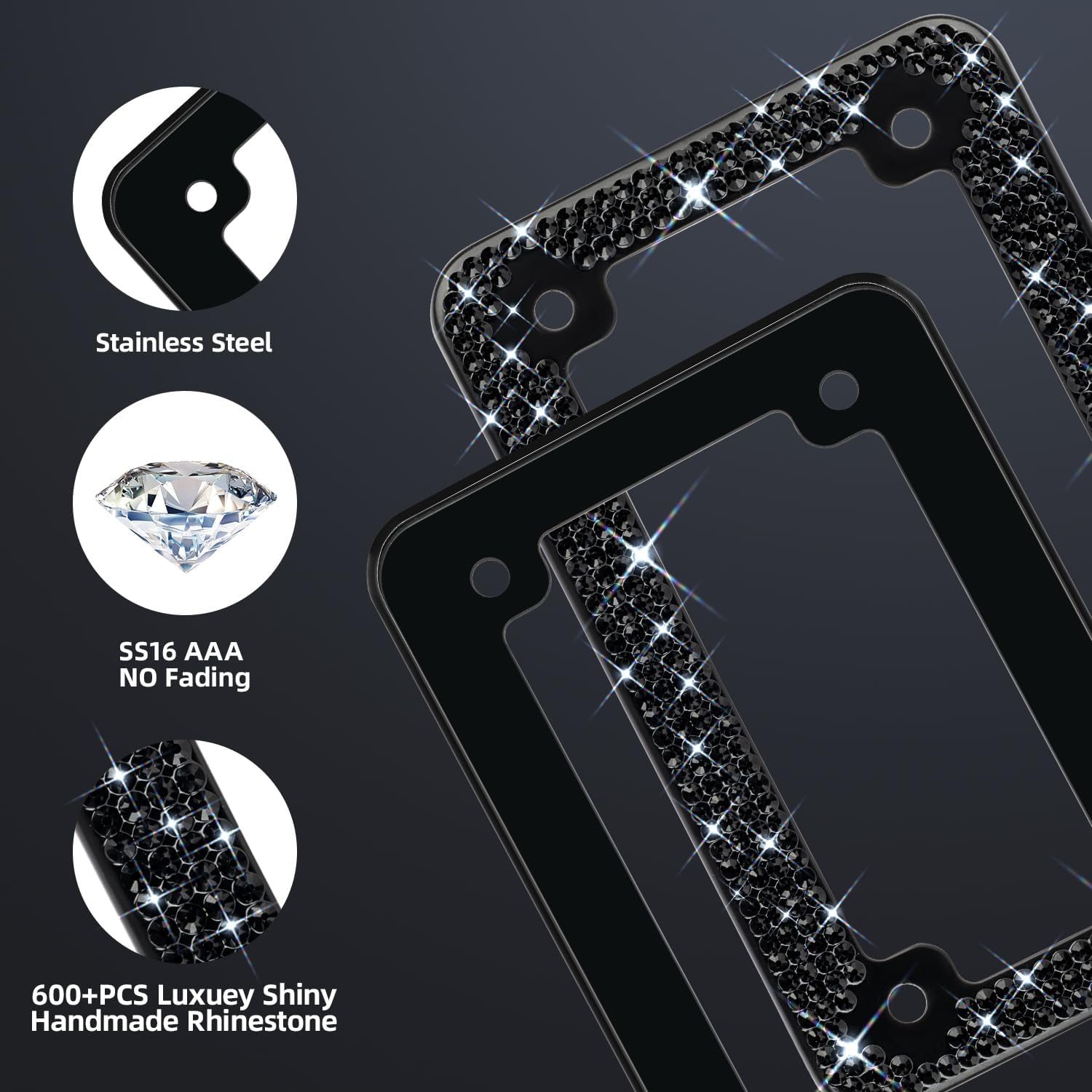 EWBN Motorcycle Black Bling License Plate Frames,Diamond Rhinestone Bike Tag Holder,Motorbike Crystals License Plate Cover,Moto Moped Motorbike Scooter Plate Accessories