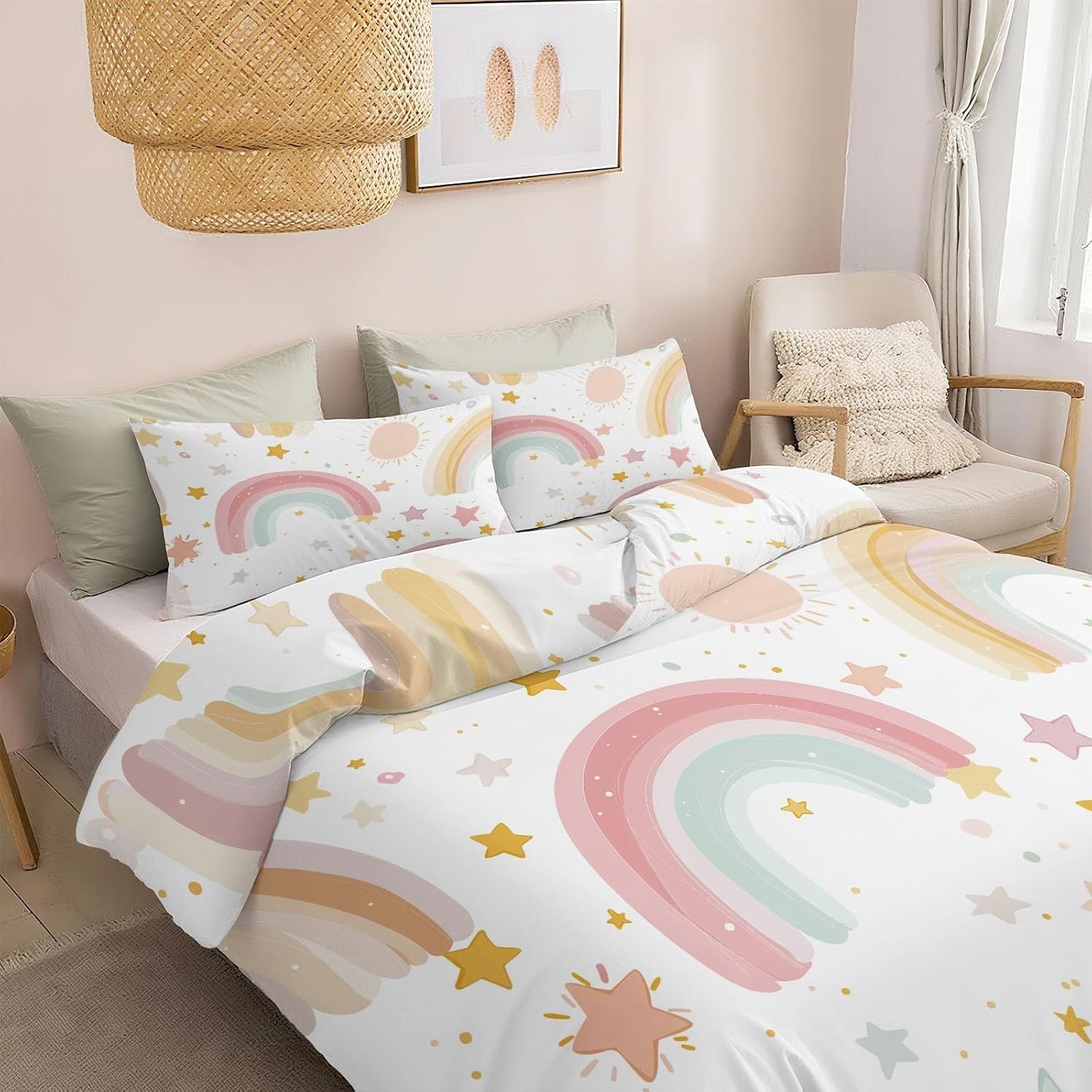 Funda Nordica Cama 135/150 Arcoiris Funda Edredon 240x220 Patrón De Dibujos Animados 3D Fundas de Edredón Microfibra Suave Ropa de Cama de 3 Piezas con Cremallera y 2 Fundas de Almohada H-349