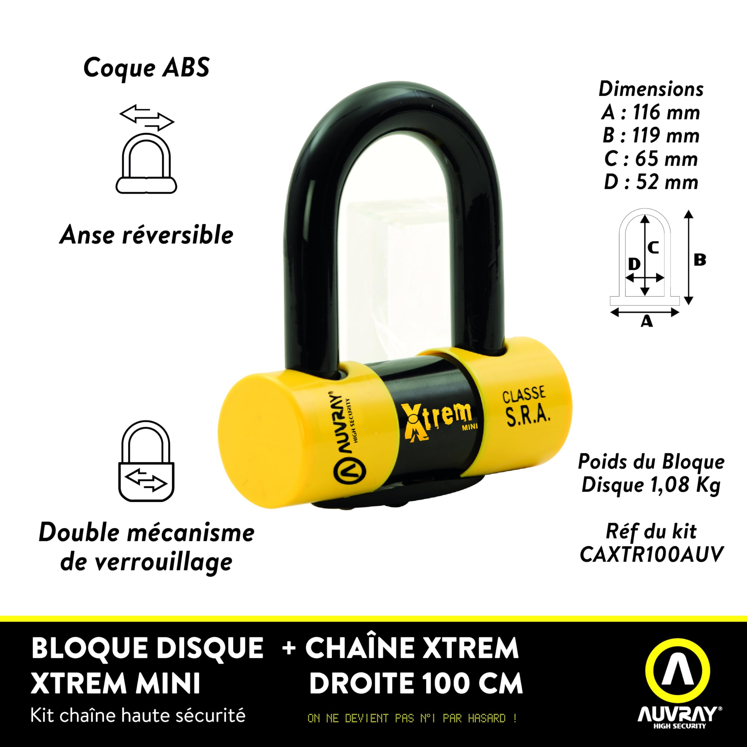 AUVRAY Chaîne et Bloque-Disque Moto U XTREM homologué SRA – Anse Acier Trempé 18 mm – Double Verrouillage Sécurisé – 3 Clés – Haute Sécurité 110 x 310 mm