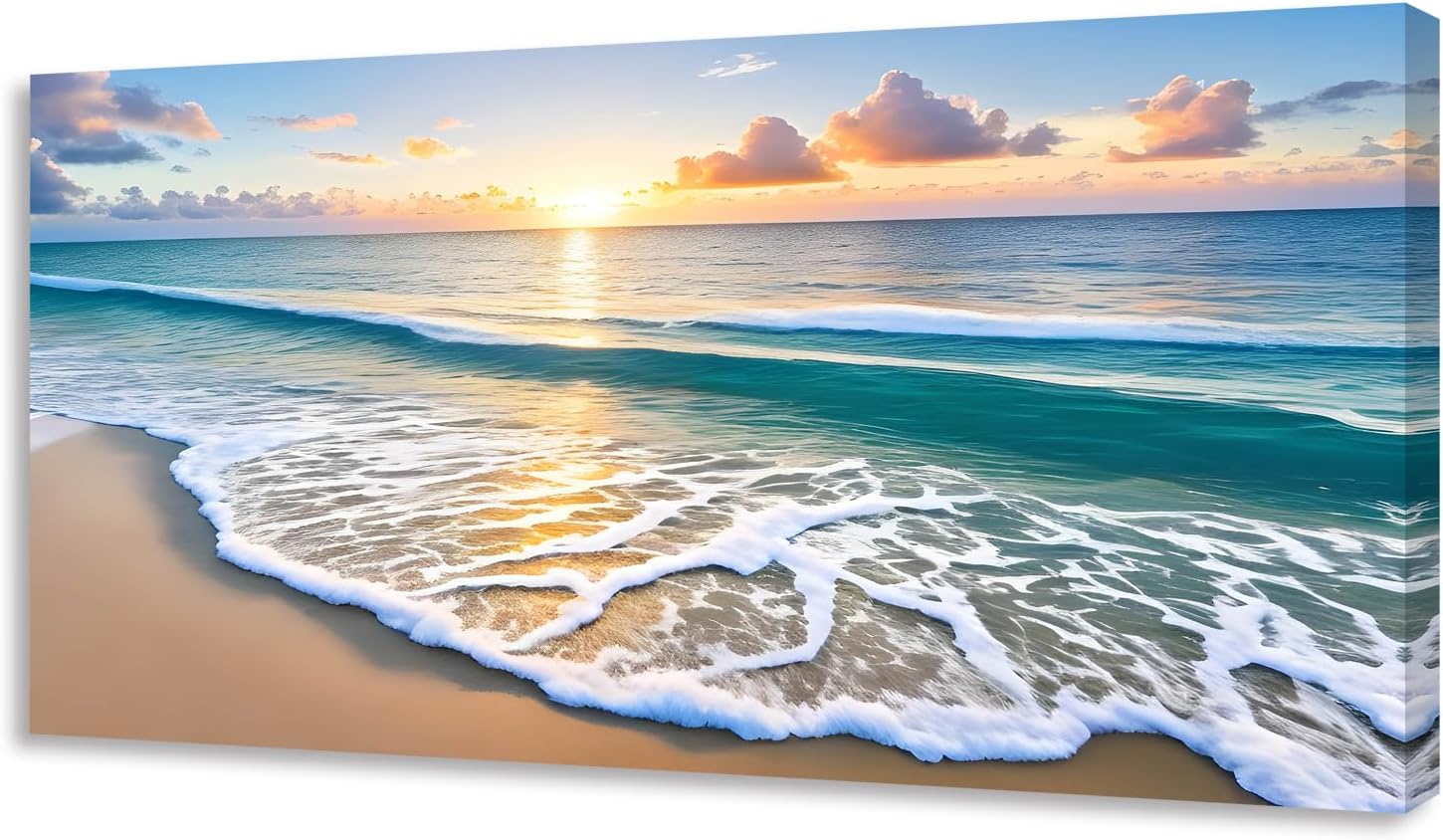 Wall Art Canvas Painting Sunset Waves on The Beach 1 Piece Colorful Sky and Sparkling Clouds on The Sea Surface Picture Poster Print Framed and Stretched Ready to Hang for Living Room Bedroom 48"L x 24"W Blue