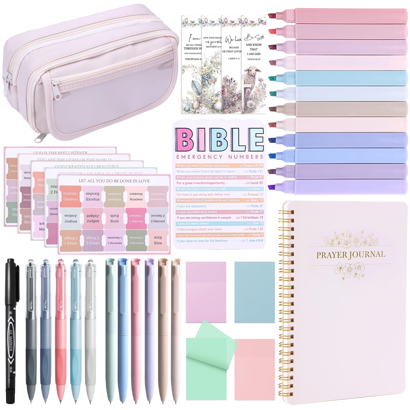 XKDOUS Bible Study Supplies Journaling Kit for Women, Bible Study Kit, 12 Pastel Highlighters and 12 Pens No Bleed, 75 Laminated Tabs, Prayer Journal