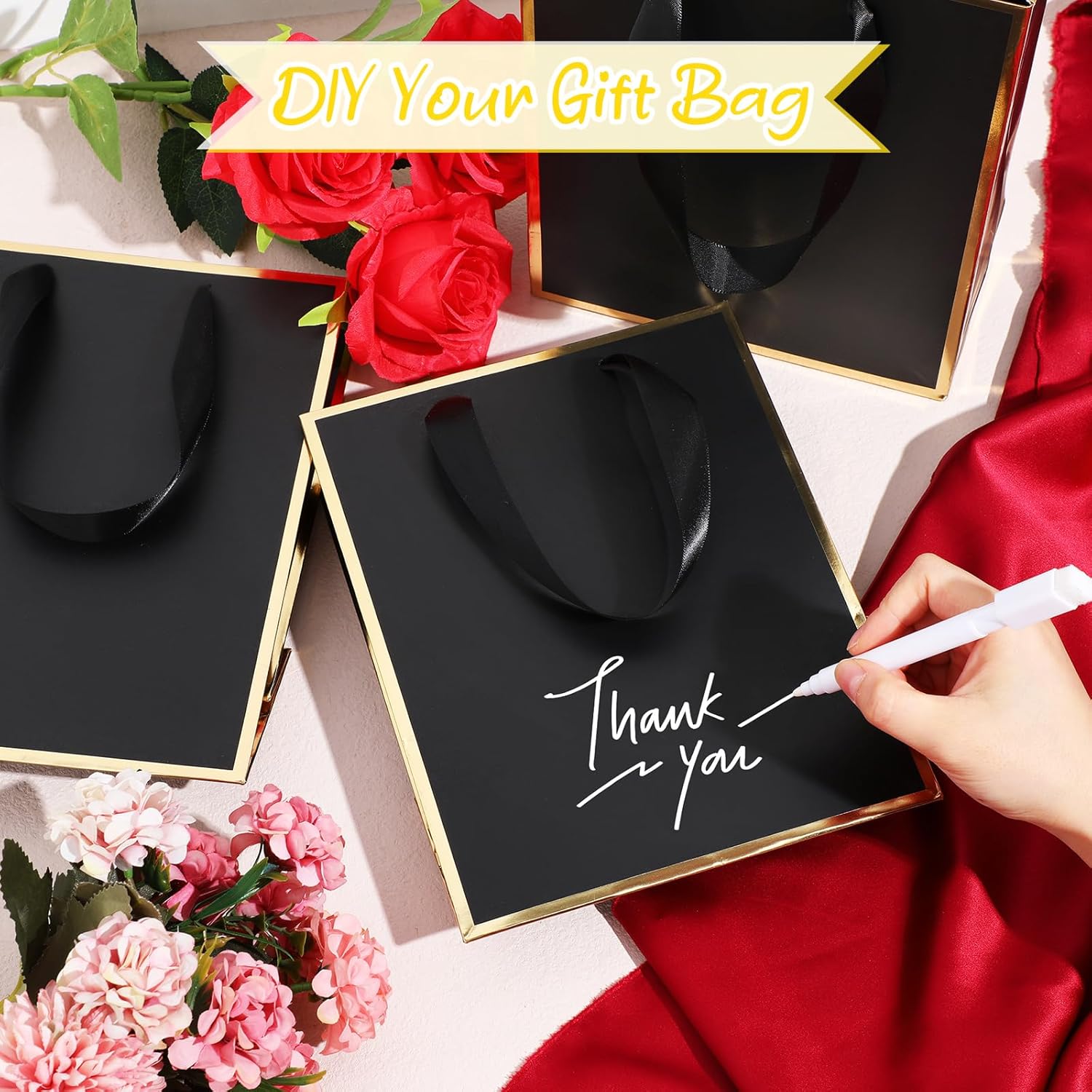 Yeaqee 24 Pack Metallic Paper Gift Bags with Handle and Tissue 9x7x3.1 Gold Foil Welcome Thank You Favor Bags Return Gifts for Wedding St. Patrick's 5 Senses Bridesmaid Birthday(Black and Gold) - Image 4