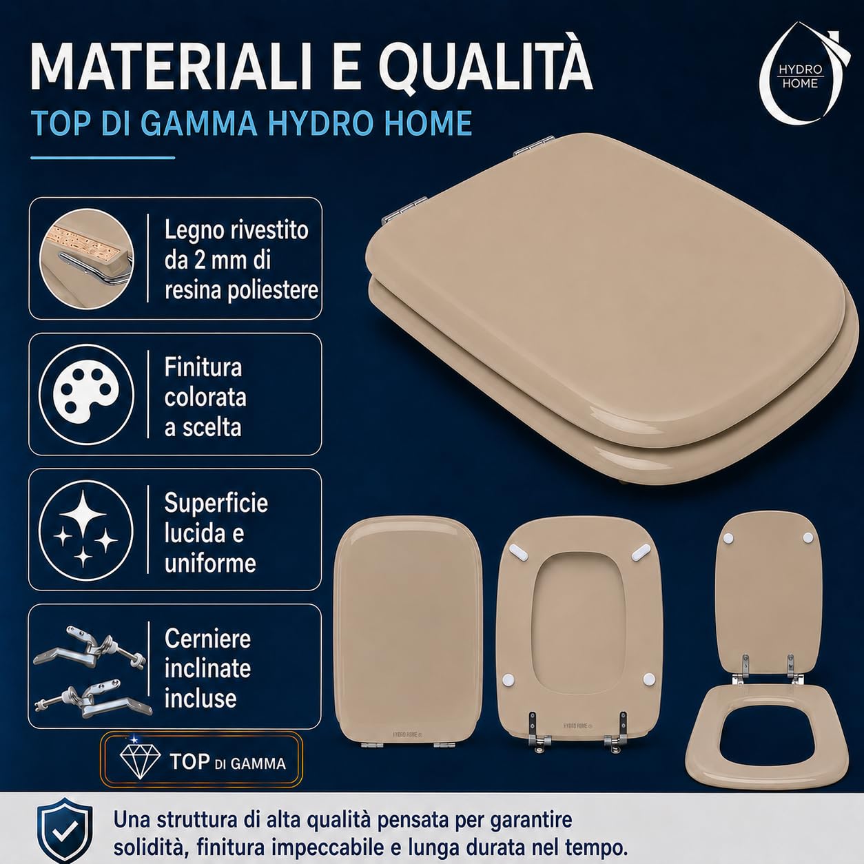 Copriwater compatibile Conca Ideal Standard Visone solo per WC con cerniere inclinate 45° – Sedile WC in legno rivestito in resina poliestere lucida