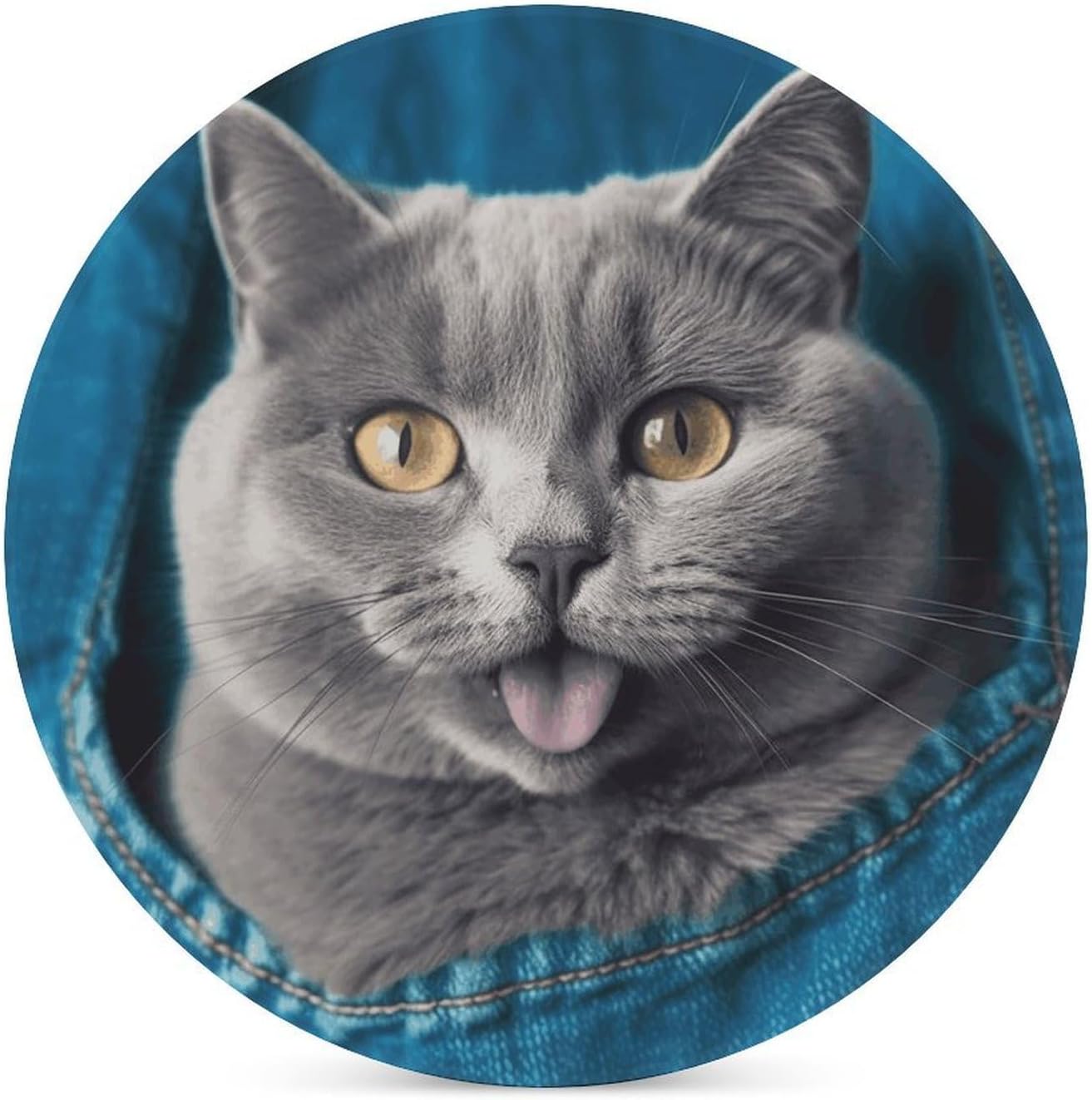 6PCS Blue Cat Coasters Non-Slip Round Drink Coasters with Ceramic Stone and Cork Base, Heat Resistant Absorbent 33.00Stone Coaster Set for Kinds of Mugs and Cups, 4 Inch