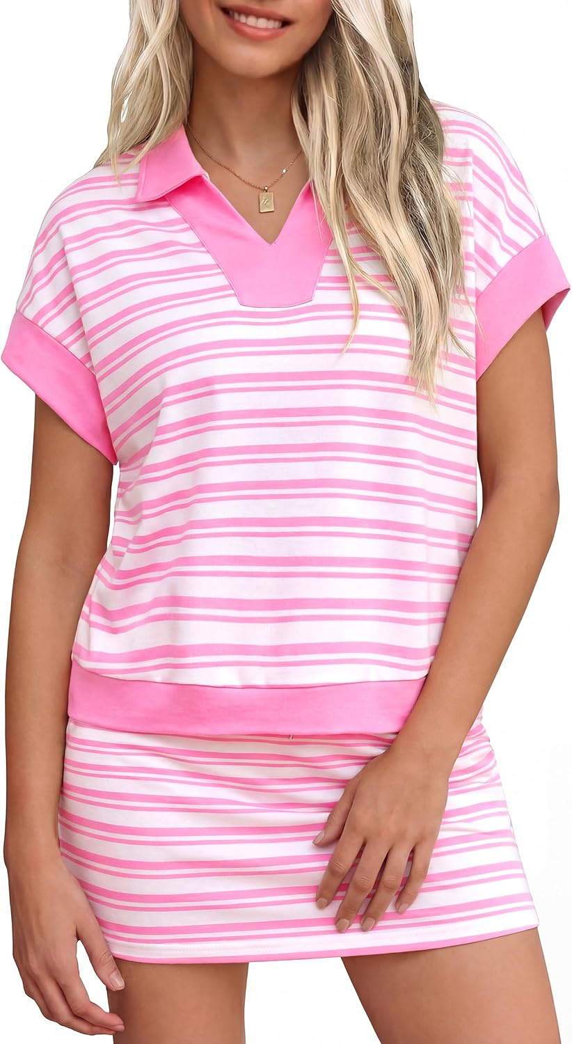 Totatuit Womens Striped 2 Piece Outfits Skirt Set Summer Casual Short Sleeve Polo Skort Workout Set Matching Lounge Sets