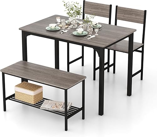 Nightcore - Juego de mesa de comedor para 4, juego de comedor con banco y sillas, mesa de cocina y sillas para 2 personas con marco de metal y