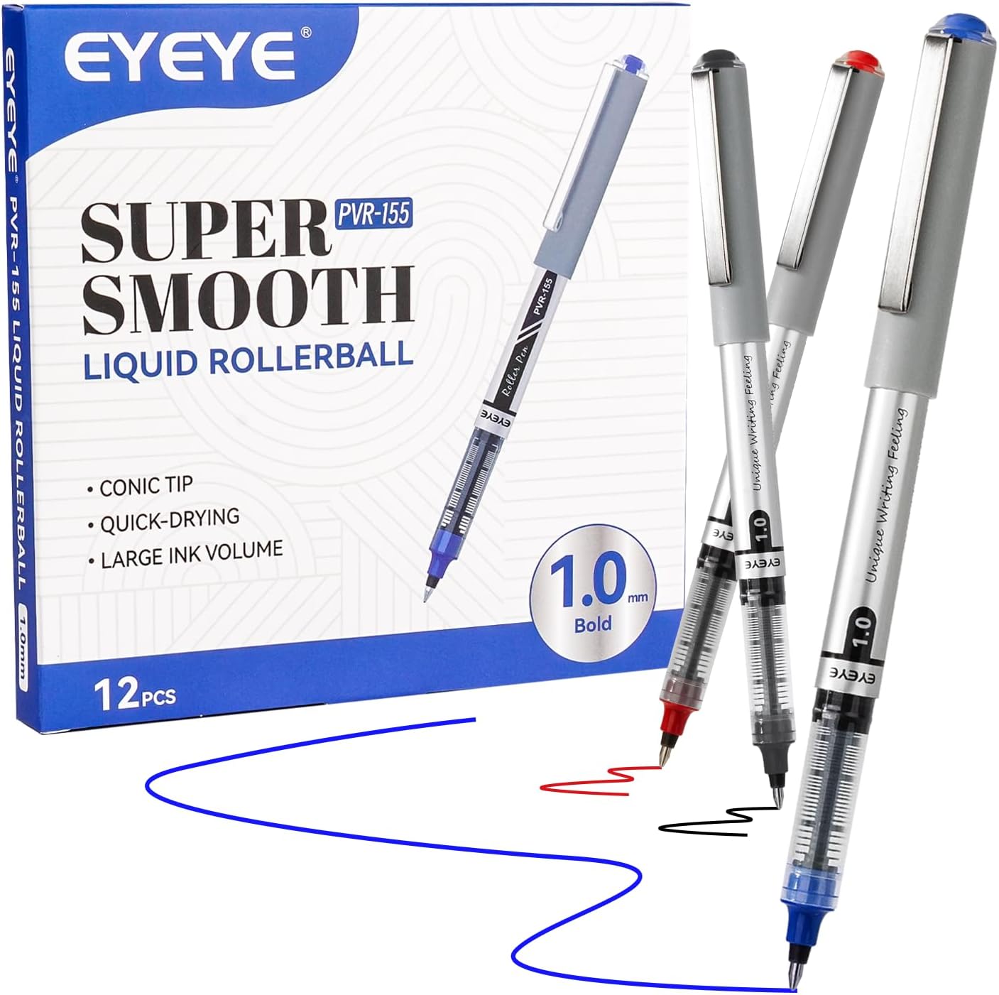 EYEYE Rollerball Pens 1.0mm, 12 Pack 3 Colors Bold Point Roller Ball Pen Quick Dry, Liquid Ink Rollerball Pens Fine Point Smooth Writing Pen for Journaling, Note Taking, Office, School Supplies