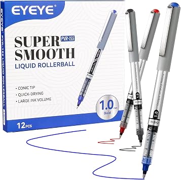 EYEYE Rollerball Pens 1.0mm, 12 Pack 3 Colors Bold Point Roller Ball Pen Quick Dry, Liquid Ink Rollerball Pens Fine Point Smooth Writing Pen for Journaling, Note Taking, Office, School Supplies