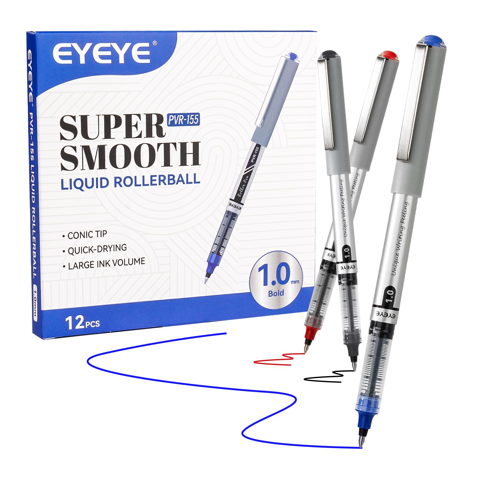 EYEYE Rollerball Pens 1.0mm, 12 Pack 3 Colors Bold Point Roller Ball Pen Quick Dry, Liquid Ink Rollerball Pens Fine Point Smooth Writing Pen for Journaling, Note Taking, Office, School Supplies