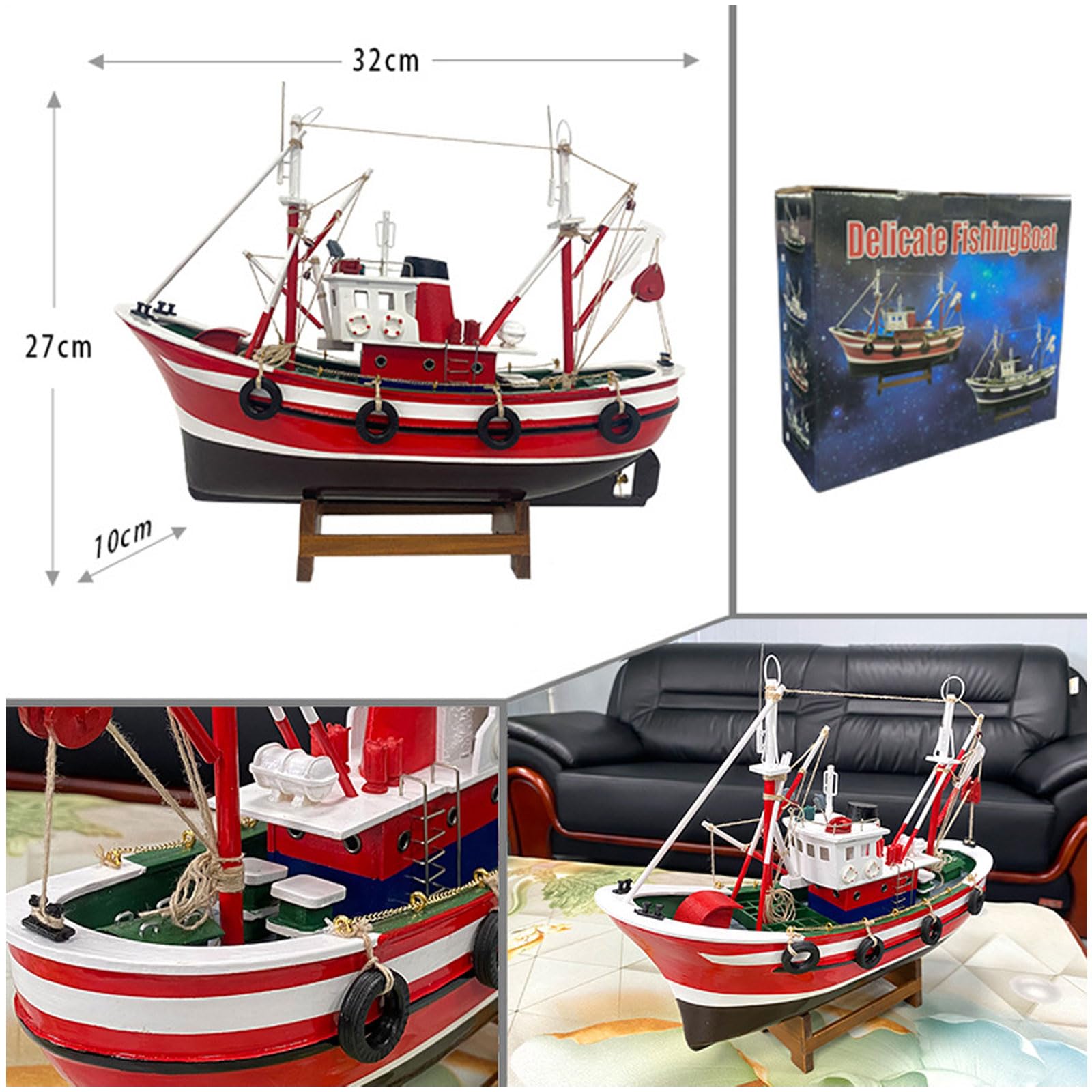 YLME Adorno De Barco Pesquero Modelo Terminado De Barco Pesquero Simulado Modelo De Barco Pesquero Americano De Madera Hecho A Mano para Oficina, Sala De Estar, Hogar, Regalo De Recuerdo,Rojo