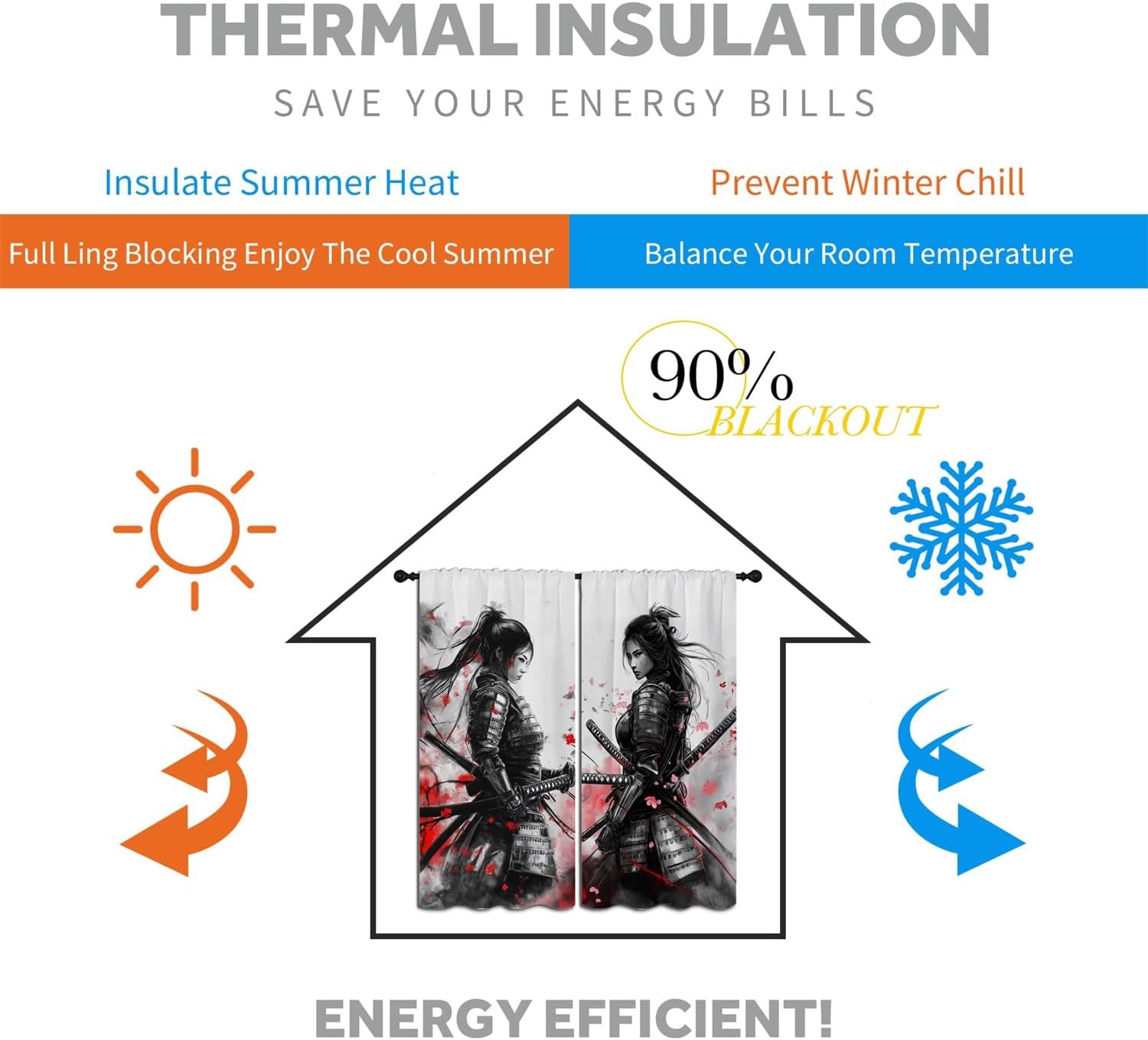 Japanese Armor Female Samurai Boy Girls Blackout Curtains,Asian Modern Anime Cherry Blossom, 2 Panel Rod Pocket Thermal Insulated Drapes for Bedroom, Living, Kids Teen Room Deco 84x84 inch