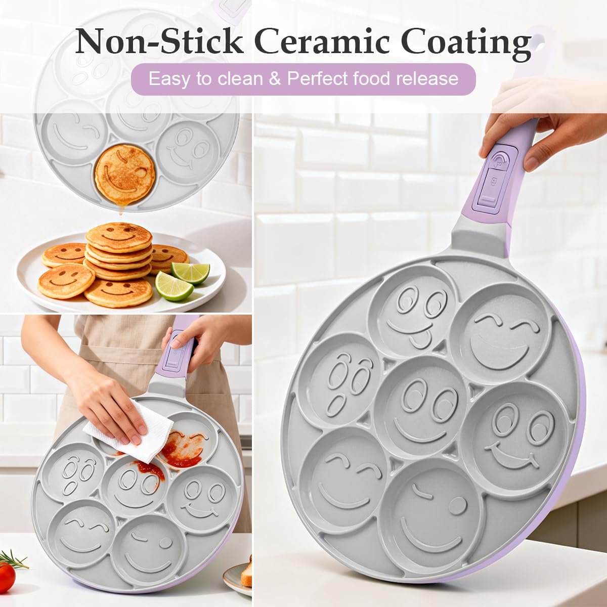 Sartén para Crepé Induccion 26.5cm con Caritas Sonrientes, Revestimiento Cerámico Antiadherente, Sartén para Tortitas 7 Agujeros con Mango Extraíble - Morado