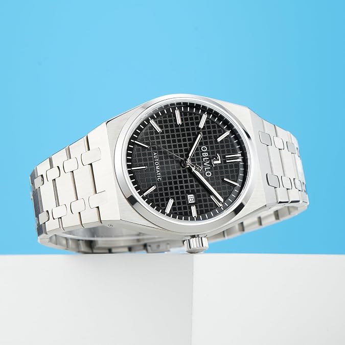 OBLVLO Automatic Watch, Stainless Steel Band, White Dial with Date Display, Steel