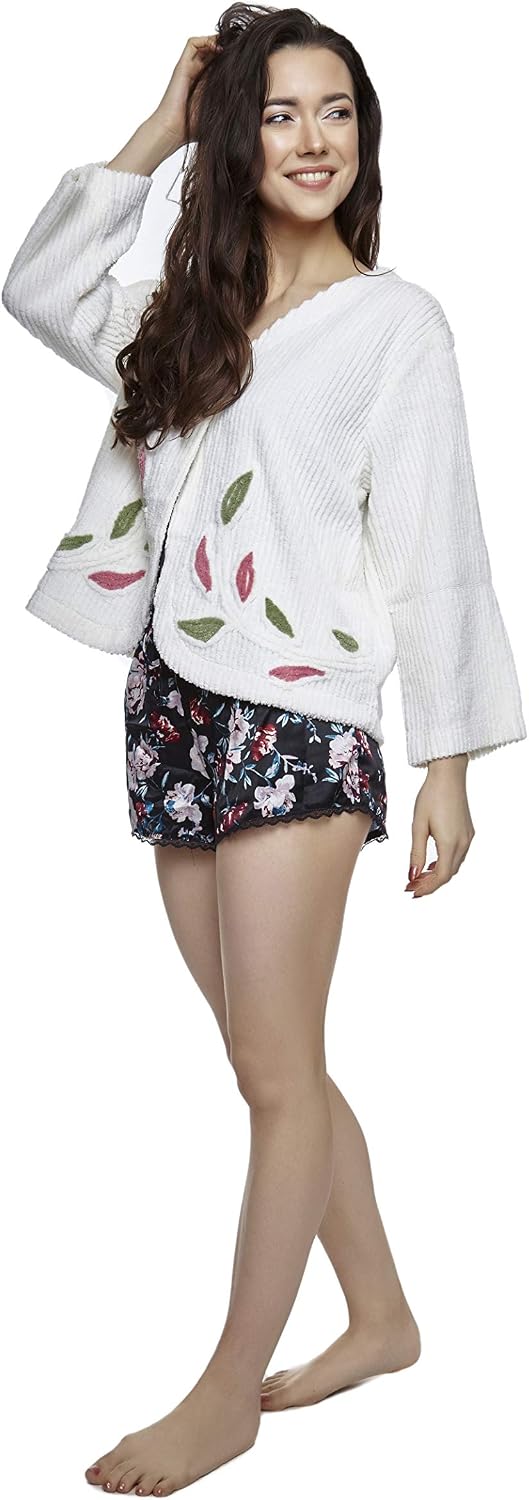 HOC Women's 100% Cotton Petal Embroidered Chenille Bed Jacket