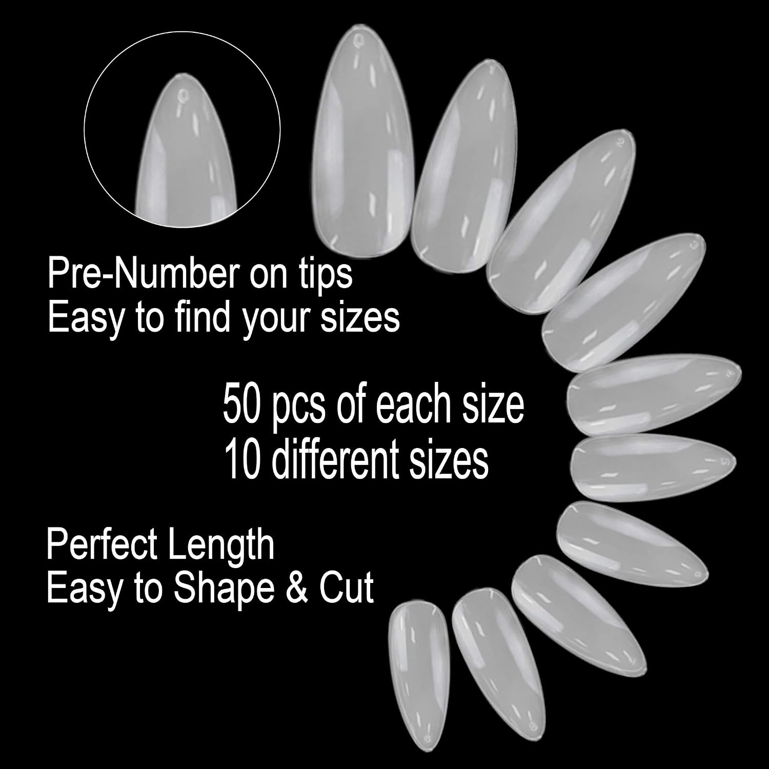 Vivace 2PACK Natural/Clear Full Cover Stiletto 500 Acrylic False Fake Gel Nail Tips (Total 1000Tips) 10Sizes With Acrylic Case For Nail Salon Nail Shop (F.C.Stiletto)