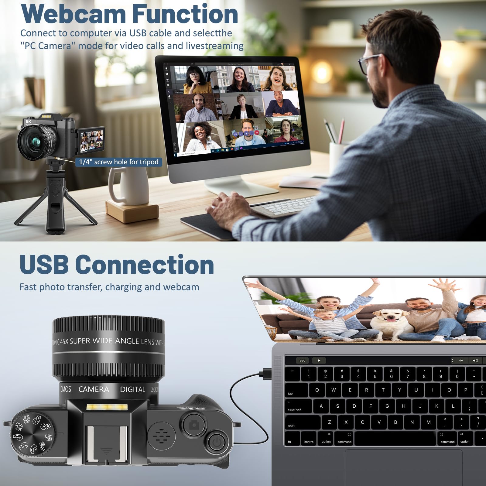 Appareil photo numérique 6K pour la photographie – Caméras de vlogging WiFi 64 MP pour YouTube avec écran rabattable de 3" à 180°, zoom numérique 16x, autofocus Vlog Travel Camara avec carte SD de 32