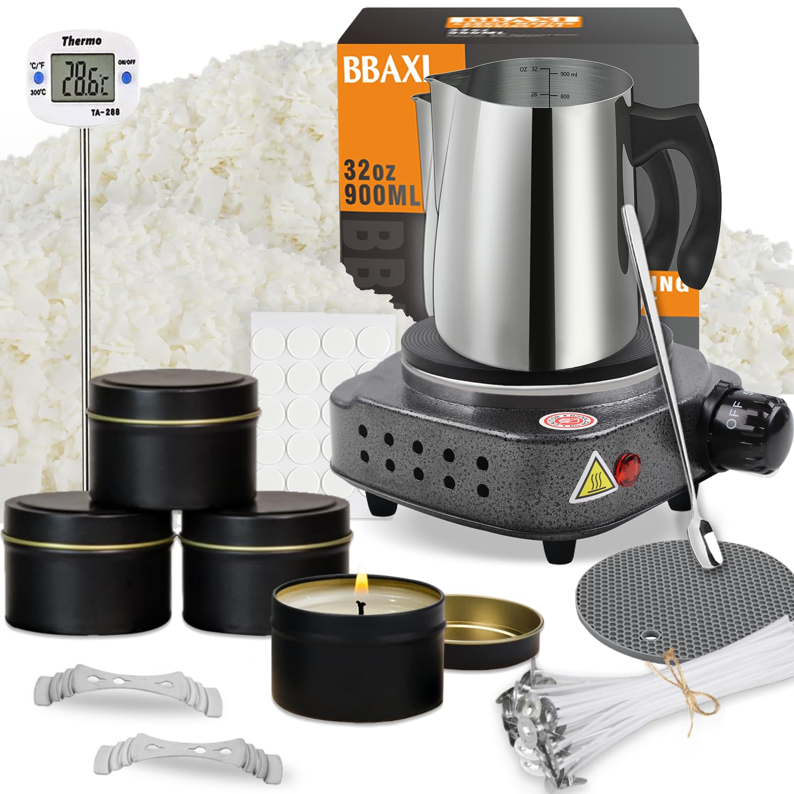 Kit para hacer velas BBAXI con placa calefactora electrónica, fundidor de cera para velas, incluye crisol, placa calefactora, cuchara para teñir cera de soja de 450 g, mechas de algodón, dispositivos centrales y pegatinas para mechas.