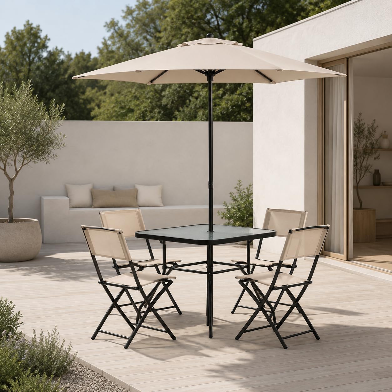 Home Collective Juego de muebles de jardín para balcón, juego de comedor al aire libre, muebles de terraza, 6 piezas, 4 sillas plegables, 1 mesa de cristal, 1 sombrilla, resistente a la intemperie
