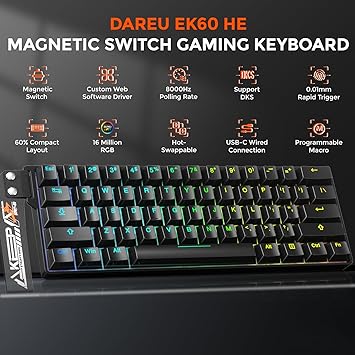 DAREU EK60 HE Rapid Trigger Gaming Keyboard Wired, 0.01mm RT Accuracy Adjustable, Hall Effect Magnetic Switch Hot Swappable, SOCD, 8000Hz Polling, RGB Backlit, 60% Compact Design for Laptop/PC