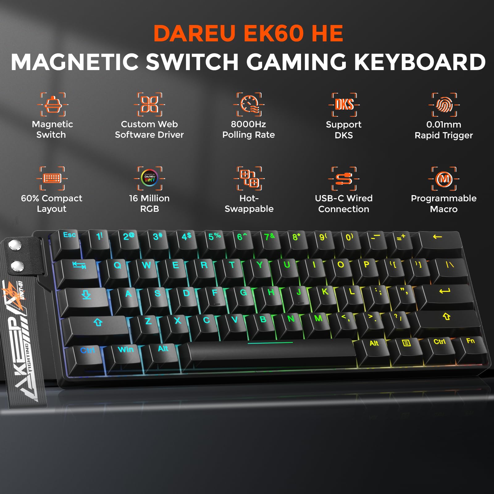 DAREU EK60 HE 8K Hz Rapid Trigger Gaming Keyboard, 60% tastiera magnetica cablata con cinturino decorativo rimovibile, Hot-swap,0,01 mm di precisione RT, interruttori ad effetto Hall, RGB, per PC/Mac | Tastiera magnetica con striscia decorativa rimovibile