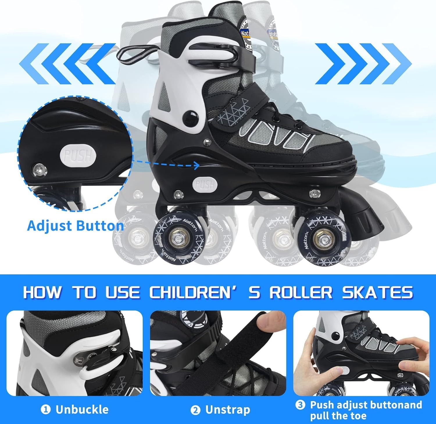 Nattork Patins à roulettes pour enfants, filles, garçons et débutants, 4 tailles, réglables avec roues lumineuses pour enfants et débutants, pour l'extérieur et l'intérieur