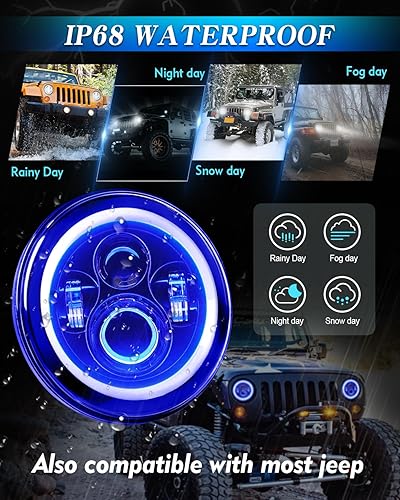Miniatura 5 de Faros delanteros LED redondos de 7 pulgadas con halo azul H6024 con haz de luz altabaja DRL ámbar señal de giro compatible con Jeep Wrangler JK TJ