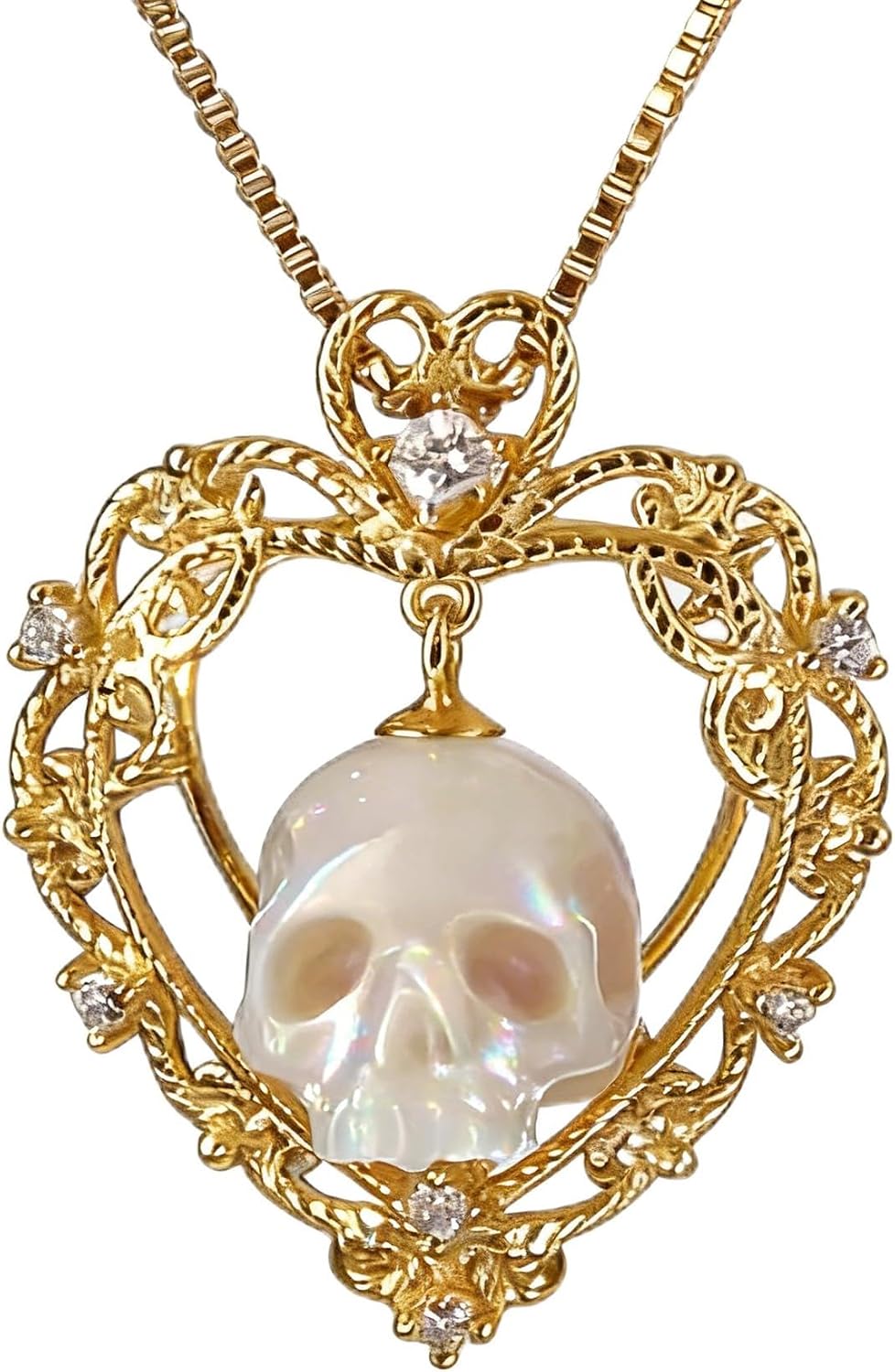 Gothic Gold Skull Pendant Necklace - White Pearl Skull Gothic Alt Jewelry for Women