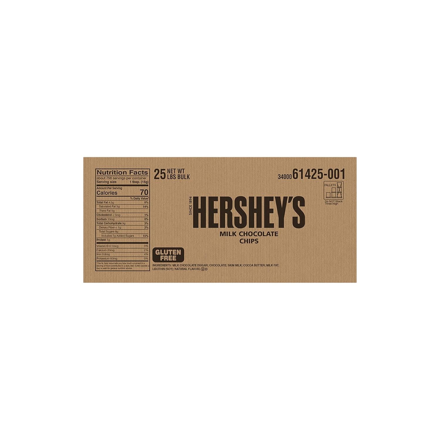 HERSHEY'S Milk Chocolate Baking Chips, Baking, Gluten Free, No Preservatives, 25 lb Bulk Case