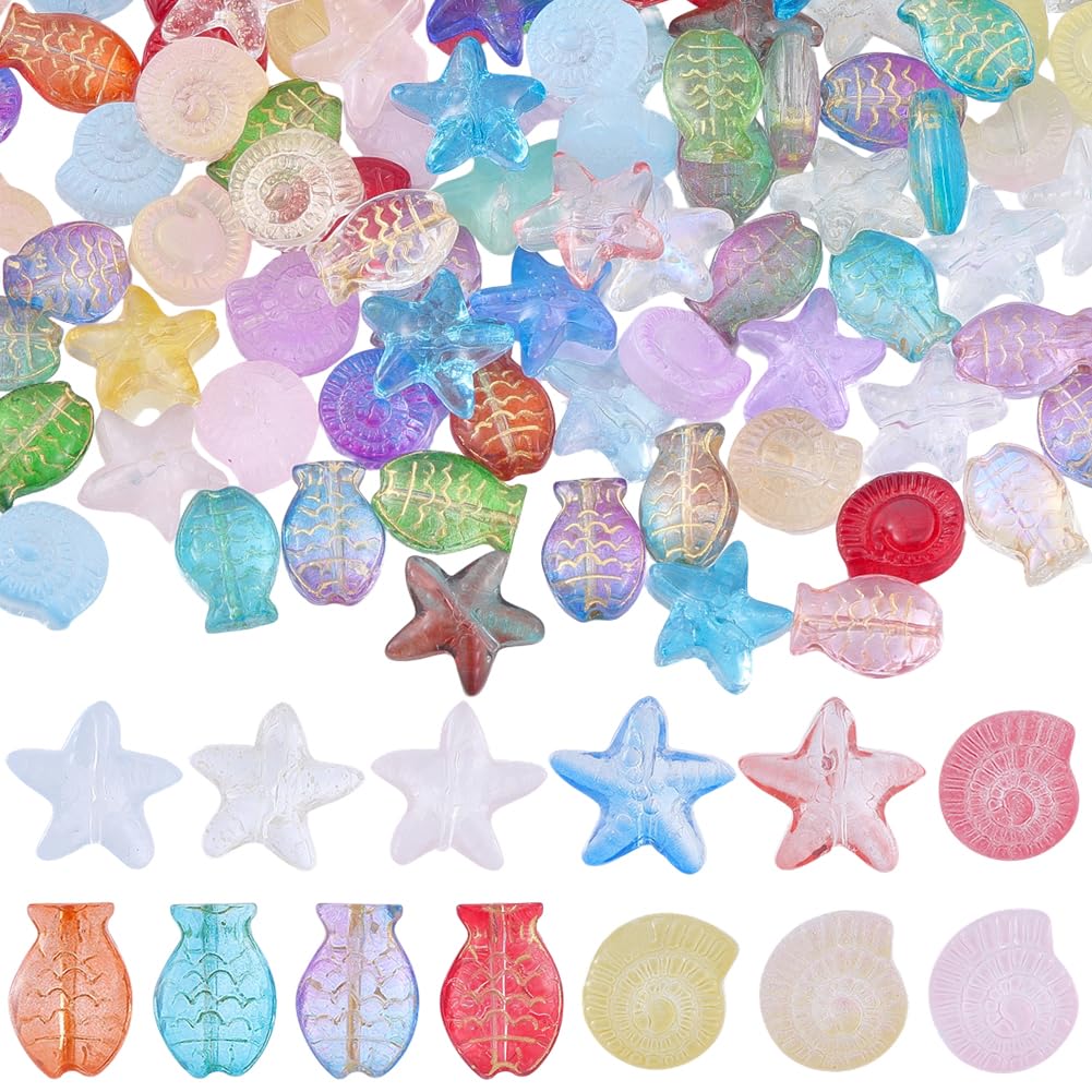 SUNNYCLUE 1 Box 120Pcs Glass Fish Beads Starfish Beads Conch Sea Ocean Animals Enlaced Glass Summer Beach Colorful Loose Spacers for Jewellery Making Bracelet Necklace Earrings DIY Crafts Adults