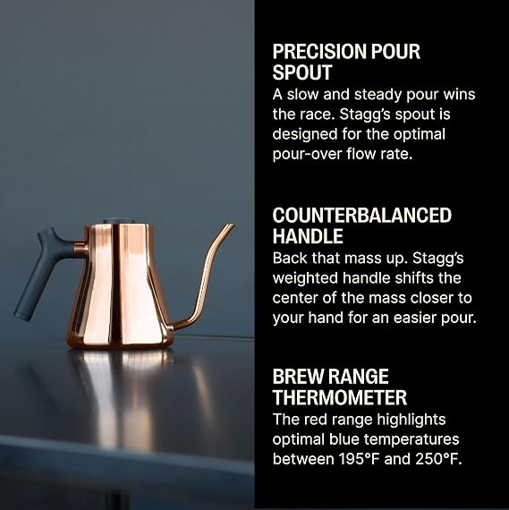 زميل Stagg Stovetop Pour-Over Coffee and Tea Kettle - Gooseneck Teapot with Precision Pour Spout، Thermometer المدمج، Matte Black، 1 Liter