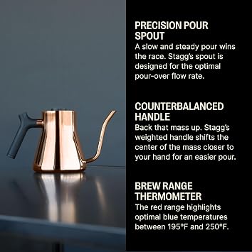زميل Stagg Stovetop Pour-Over Coffee and Tea Kettle - Gooseneck Teapot with Precision Pour Spout، Thermometer المدمج، Matte Black، 1 Liter
