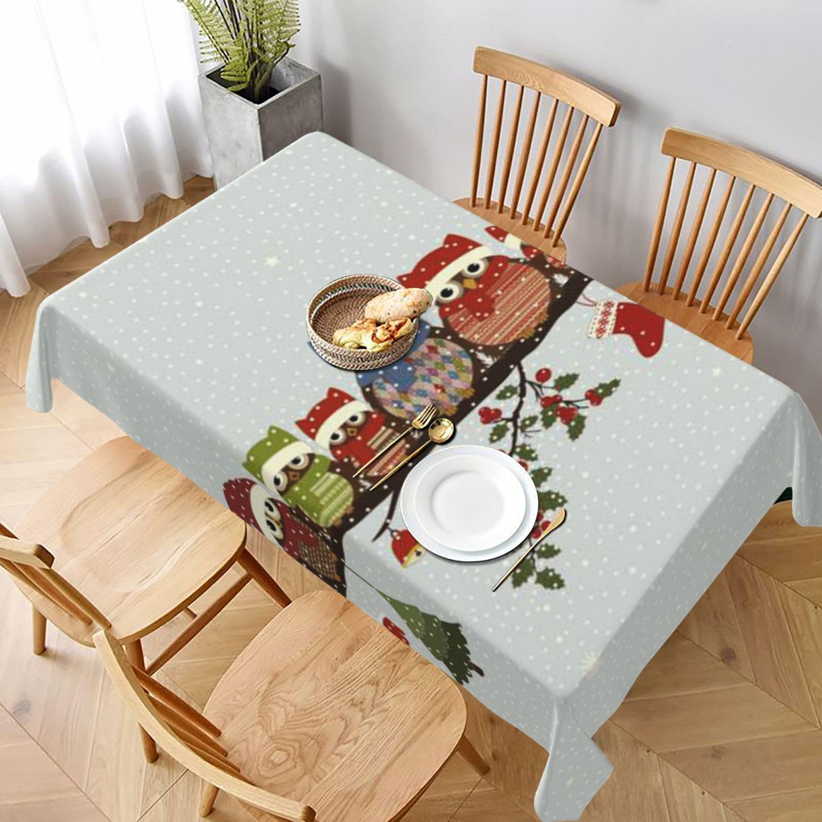 BNVSADC Cute Christmas Owls on Branch Printed Rectangle Tablecloth 228x152 CM, Water Resistant Polyester Table Cloth Decorative Fabric Table Covers for Kitchen Dining Table Parties Camping