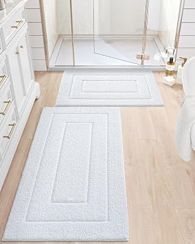 DEXI Bathroom Rug Mat, Extra Soft Absorbent Premium Bath Rug, Non-Slip Comfortable Bath Mat, Carpet for Tub, Shower, Bath Room, Machine Washable, 20"x32"+24"x43", White