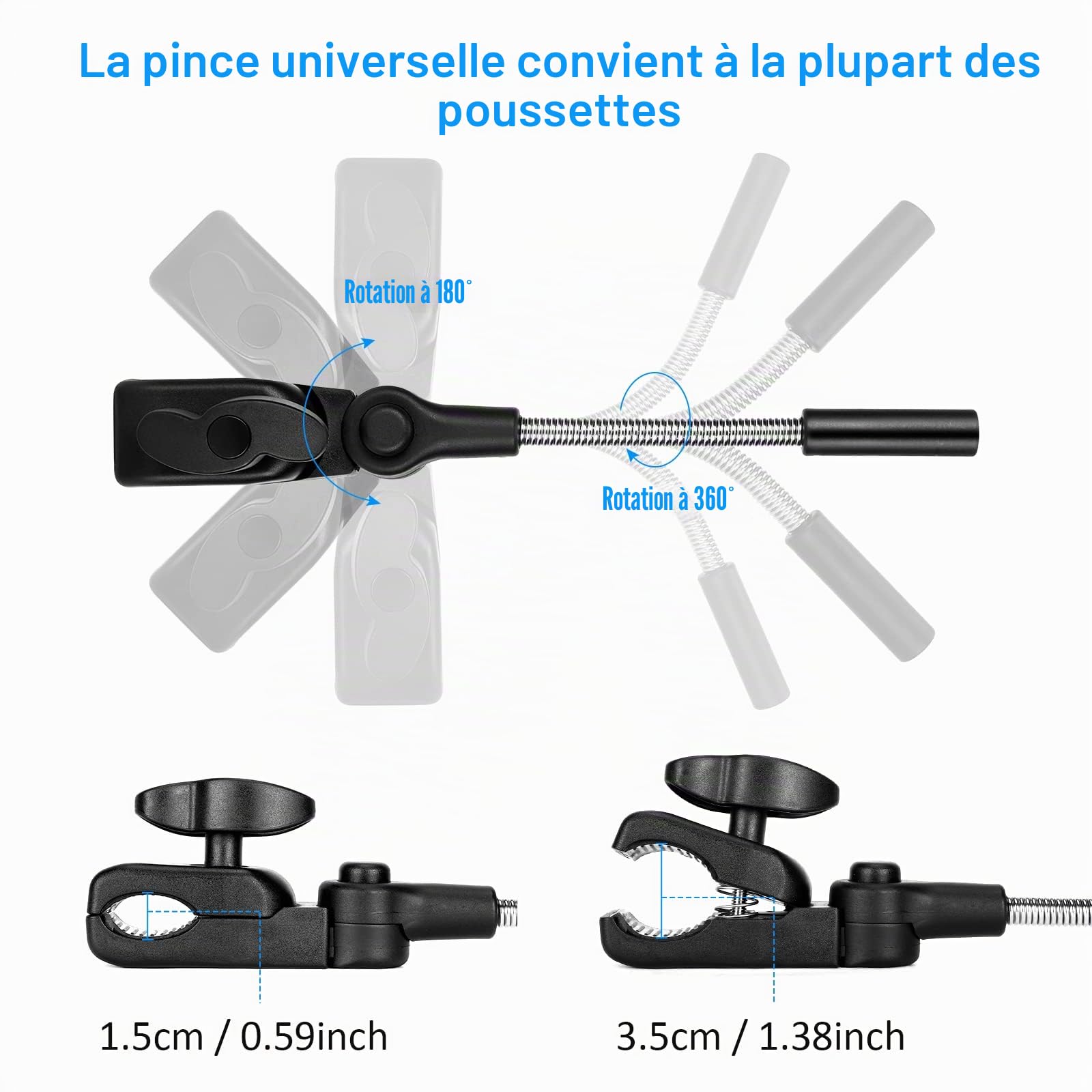 Ombrelle Universelle pour Poussette, Parasol Anti UV 50+ pour Landau, Flexible et Orientable, Diamètre 78 cm, Fixation pour Tube Rond ou Oval, avec Clip pour Fauteuil Roulant Poussette