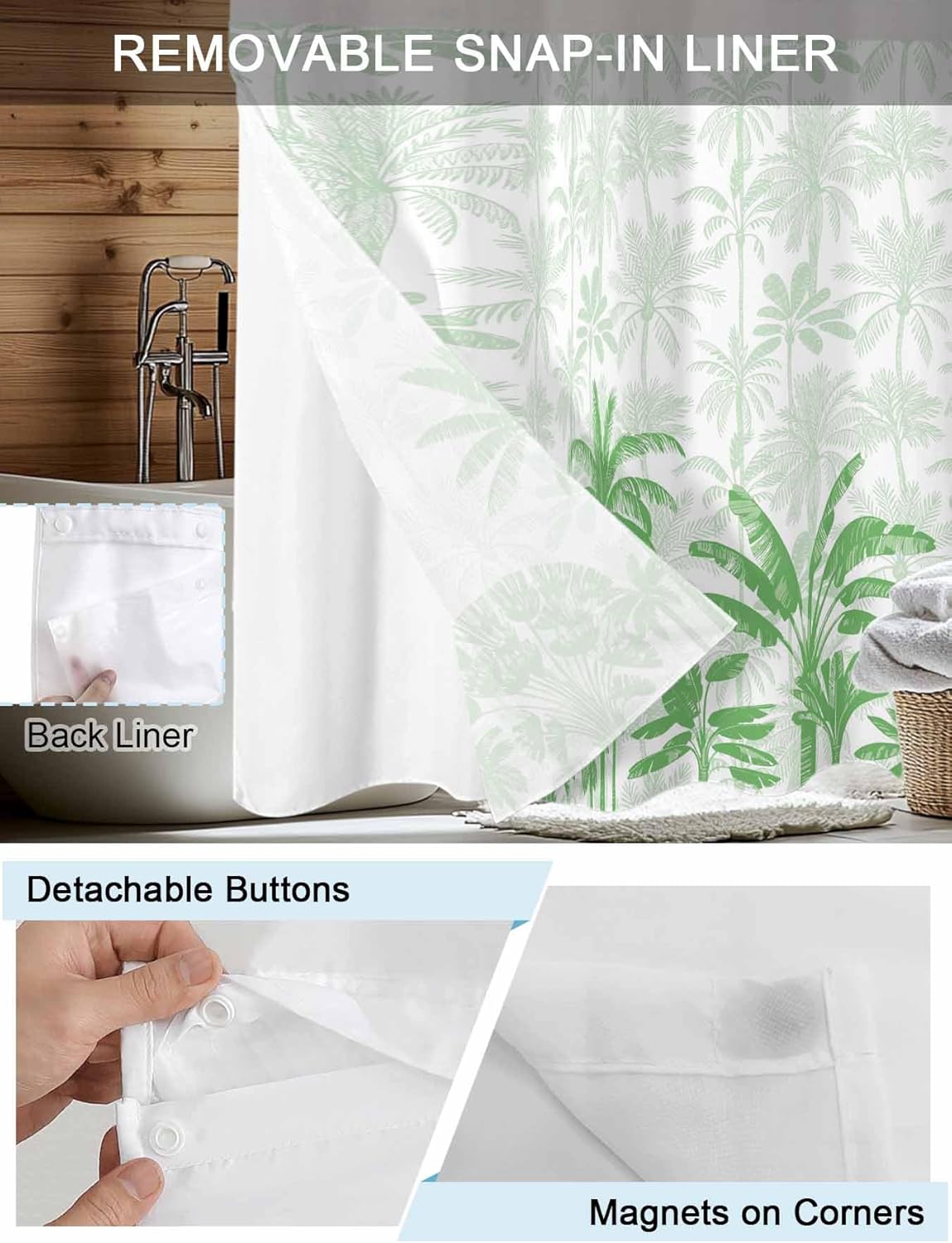 No Hook Shower Curtains with Snap in Liner, Green Tropical Palm Tree Waterproof Fabric Shower Curtain, Summer Botanical Monstera Plants Double Layers See-Through Top Window Bathroom Curtains 72''x78''