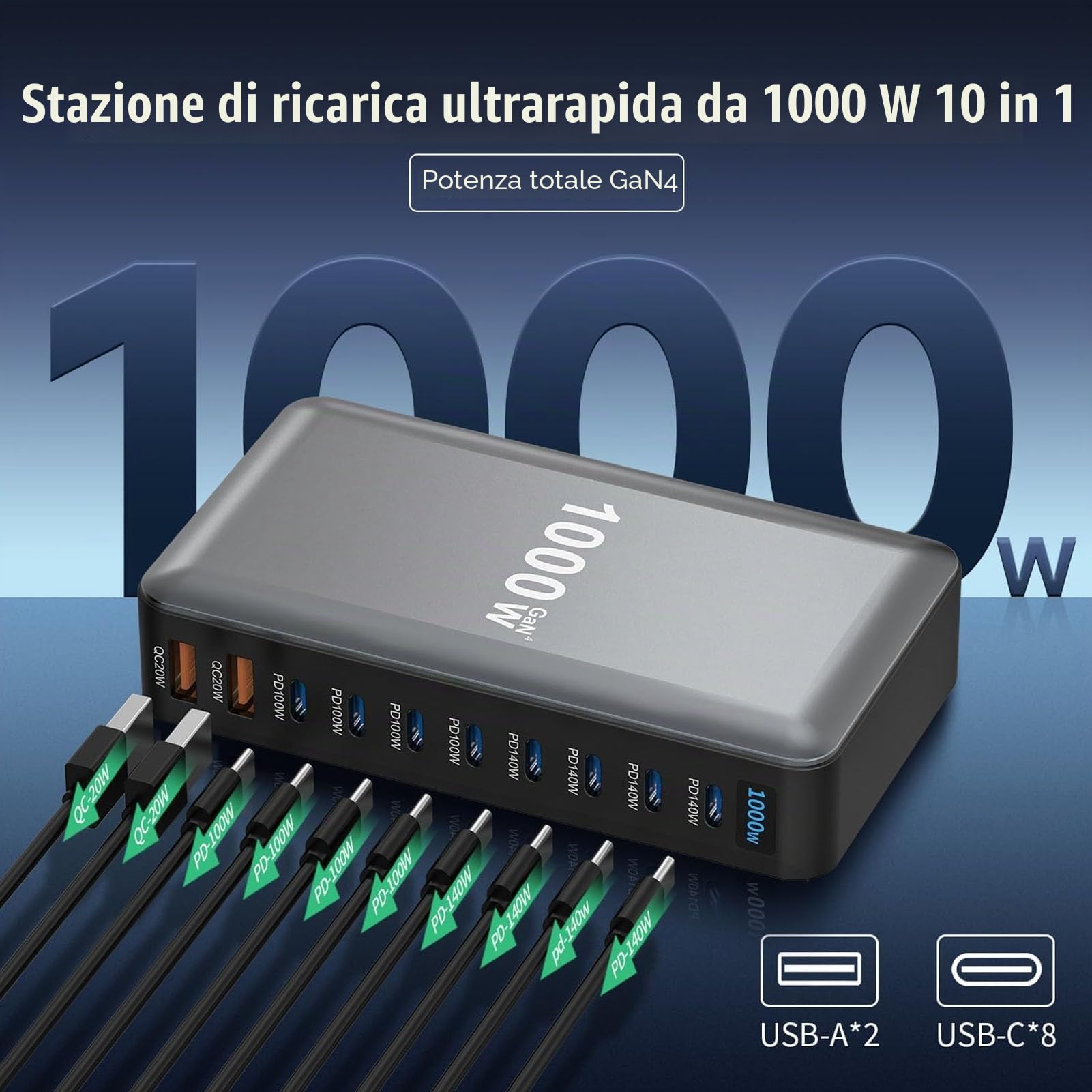 Tosuny Blocco Caricabatterie USB C da 1000 W, Stazione di Ricarica USB C a 10 Porte per Dispositivi Multipli, Adattatore di Ricarica Rapida GaN III Pro PD PPS per Smartphone (10 Ports)
