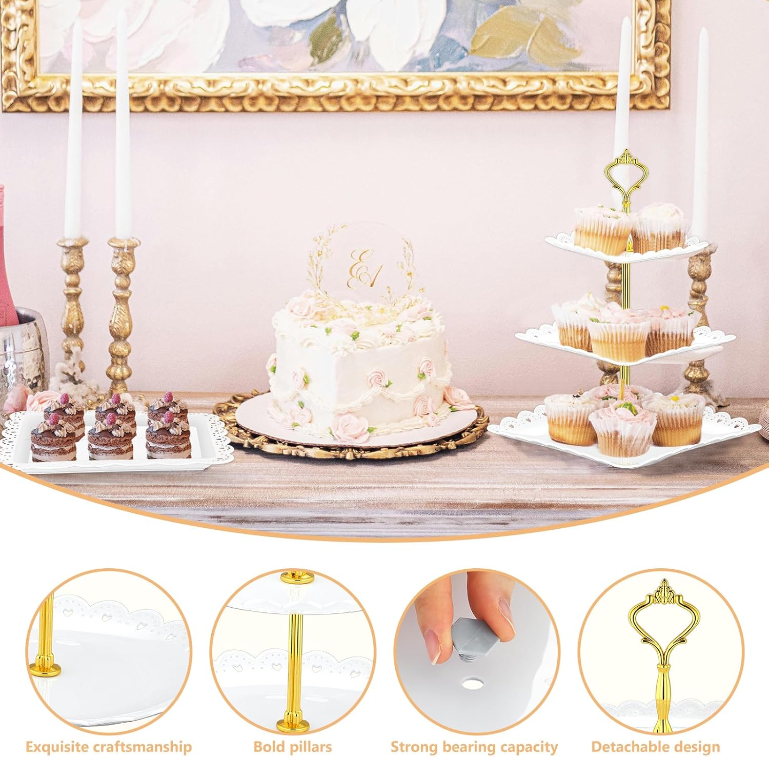 Lazycorner 10 Pcs Dessert Table Display Stands Set , with 6 Pcs 3-Tier Cupcake Stand & 4 Pcs Food Serving Tray - Cookie Tray Rack Serving Tray Cake Display Tower for Wedding Baby Shower Tea Party