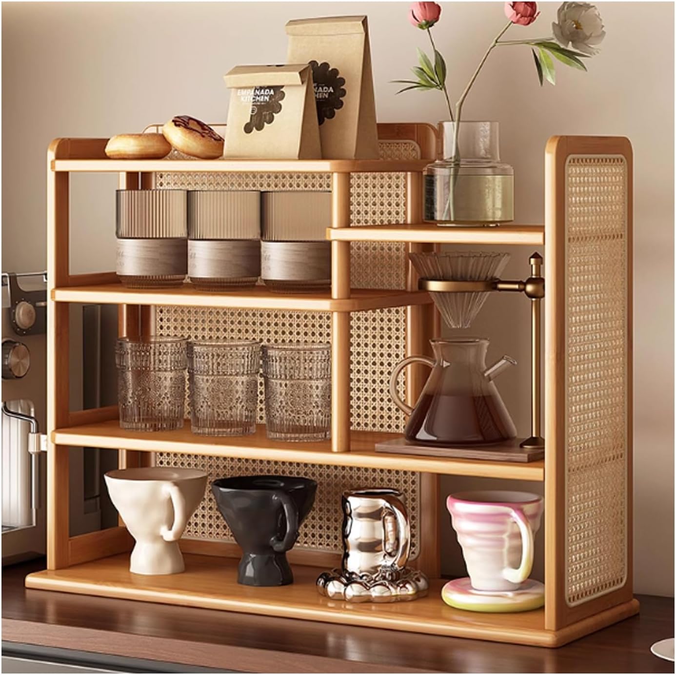 Multi-Layer Coffee Storage,4 Tier Plastic Rattan Coffee Mug Display Rack, Bamboo Tea Cup Holder, Countertop Wood Storage Cabinet,Kitchen Counter Shelf(Natural,50cm/19.7in)