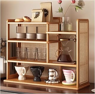 Multi-Layer Coffee Storage,4 Tier Plastic Rattan Coffee Mug Display Rack, Bamboo Tea Cup Holder, Countertop Wood Storage Cabinet,Kitchen Counter Shelf(Natural,60cm/26in)