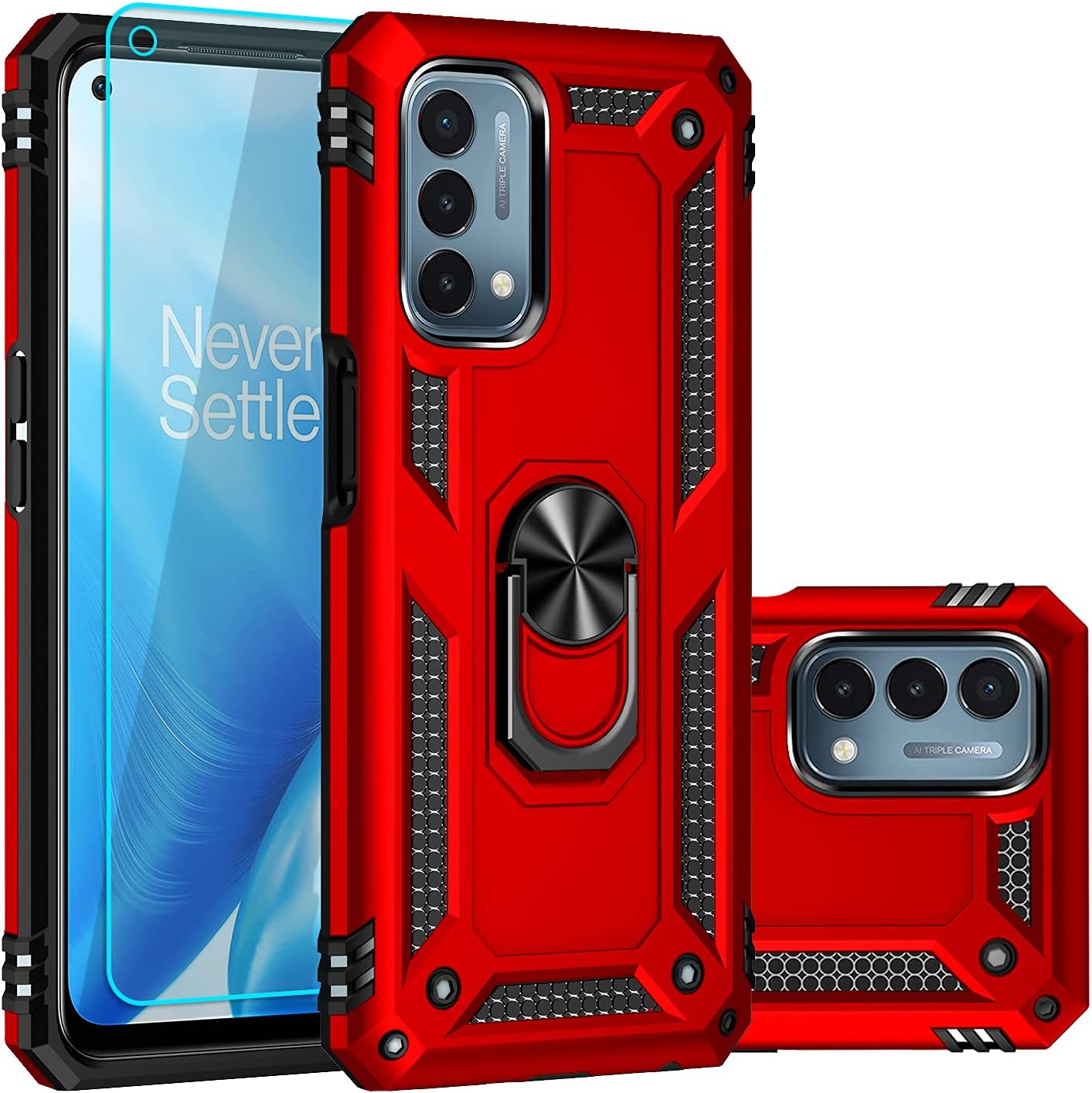 SKTGSLAMY for OnePlus Nord N200 5G Case,with Screen Protector,[Military Grade] 16ft. Drop Tested Cover with Magnetic Kickstand Car Mount Protective Case for OnePlus Nord N200 5G, Red